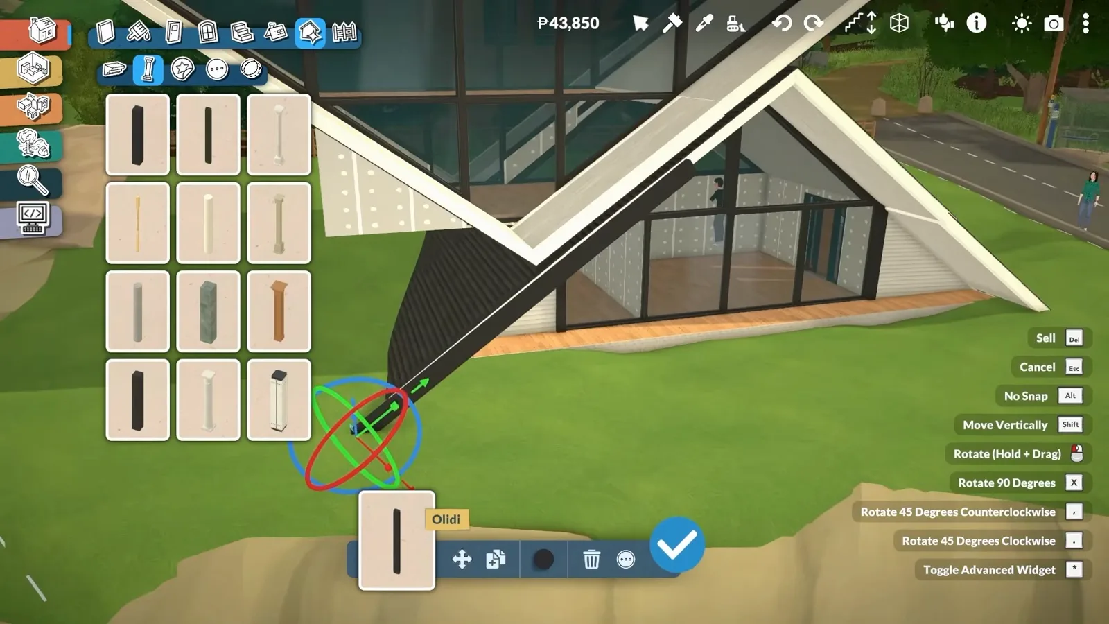 Columns and a beam in Paralives build mode spanning the seam between a black A-frame roof and the neighbouring wall, with the rotation gizmo attached. Columns and a beam in Paralives build mode spanning the seam between a black A-frame roof and the neighbouring wall, with the rotation gizmo attached.