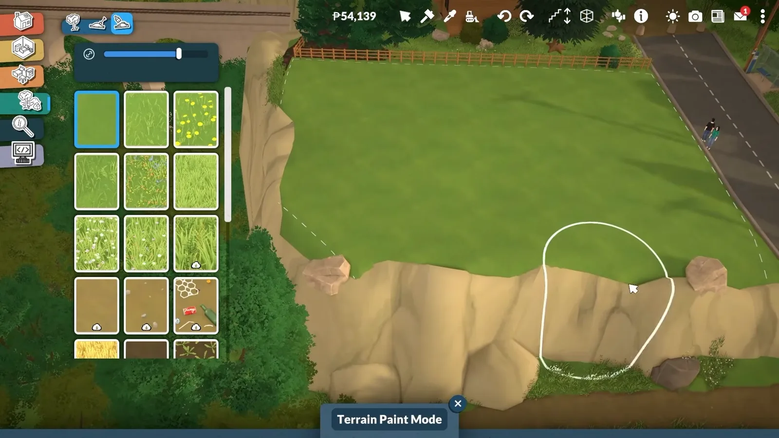 Paralives Terrain Paint Mode open on a sloped lot, with the grass swatch catalogue on the left and a white outline marking where rock and ground get reshaped before an A-frame build starts. Paralives Terrain Paint Mode open on a sloped lot, with the grass swatch catalogue on the left and a white outline marking where rock and ground get reshaped before an A-frame build starts.