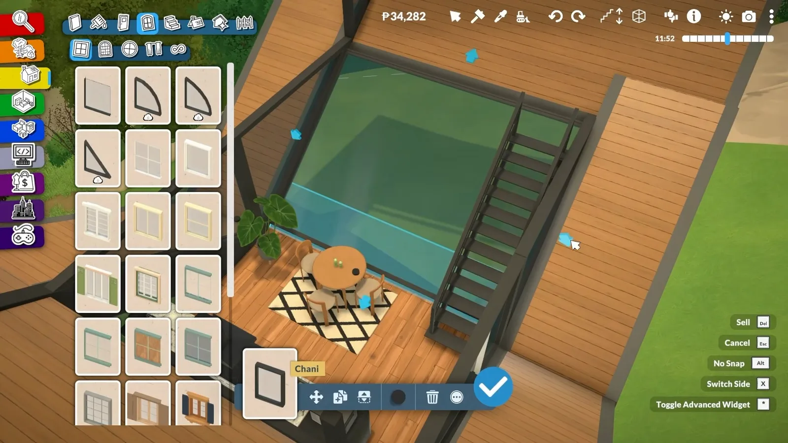 The Paralives dining floor with a round table set before a floor-to-ceiling gable window, the window catalogue still open after one pane was scaled to fill the roofline. The Paralives dining floor with a round table set before a floor-to-ceiling gable window, the window catalogue still open after one pane was scaled to fill the roofline.
