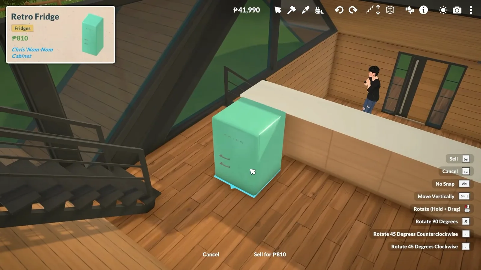 A mint-green Retro Fridge scaled down beside a white kitchen counter in a Paralives A-frame, its catalogue card open showing the item name and price. A mint-green Retro Fridge scaled down beside a white kitchen counter in a Paralives A-frame, its catalogue card open showing the item name and price.