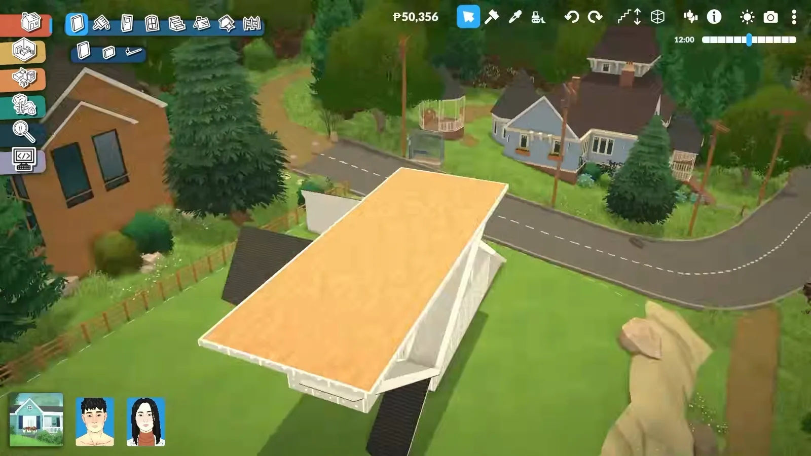 A raised wooden platform floor in Paralives seen from above, bridging two white roof-piece volumes into one house with the road running past the lot. A raised wooden platform floor in Paralives seen from above, bridging two white roof-piece volumes into one house with the road running past the lot.