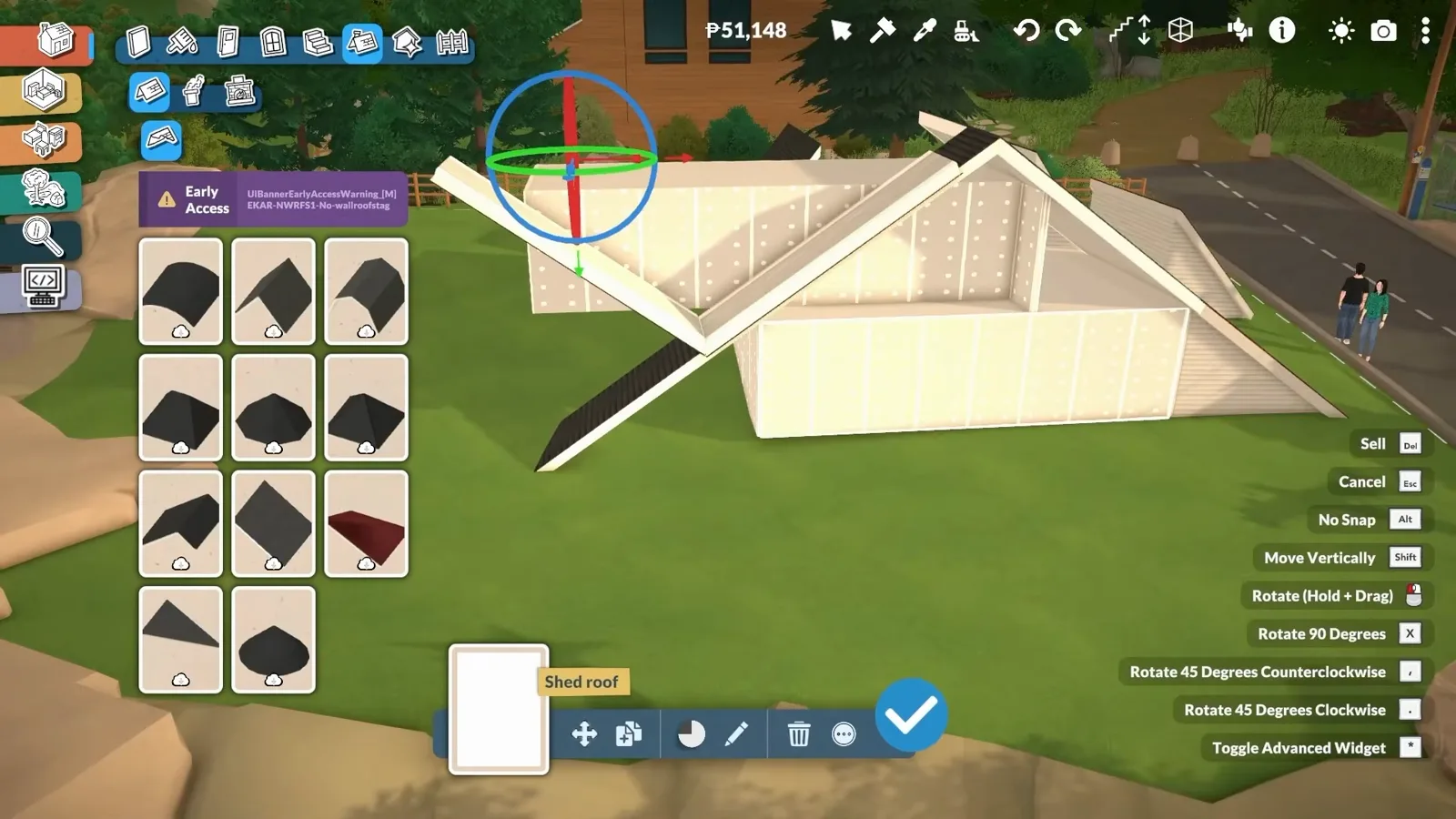 A white Paralives roof piece held in mid-air by the free rotation gizmo while the roof catalogue stays open beside the unfinished shell it is being fitted to. A white Paralives roof piece held in mid-air by the free rotation gizmo while the roof catalogue stays open beside the unfinished shell it is being fitted to.