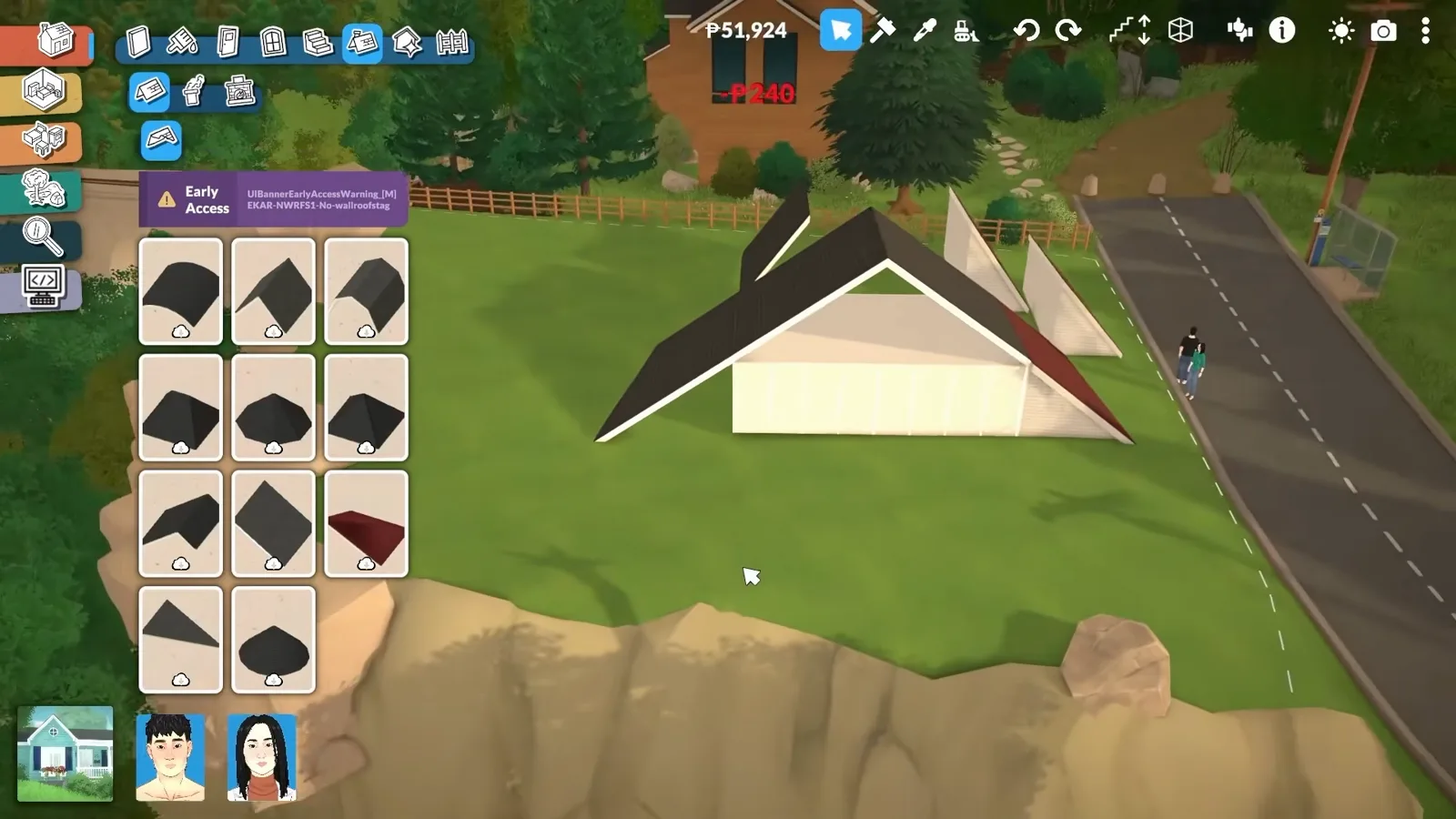 A white Paralives shell already topped with black slate roof pieces while the roof catalogue's dark swatches sit open over the lot. A white Paralives shell already topped with black slate roof pieces while the roof catalogue's dark swatches sit open over the lot.