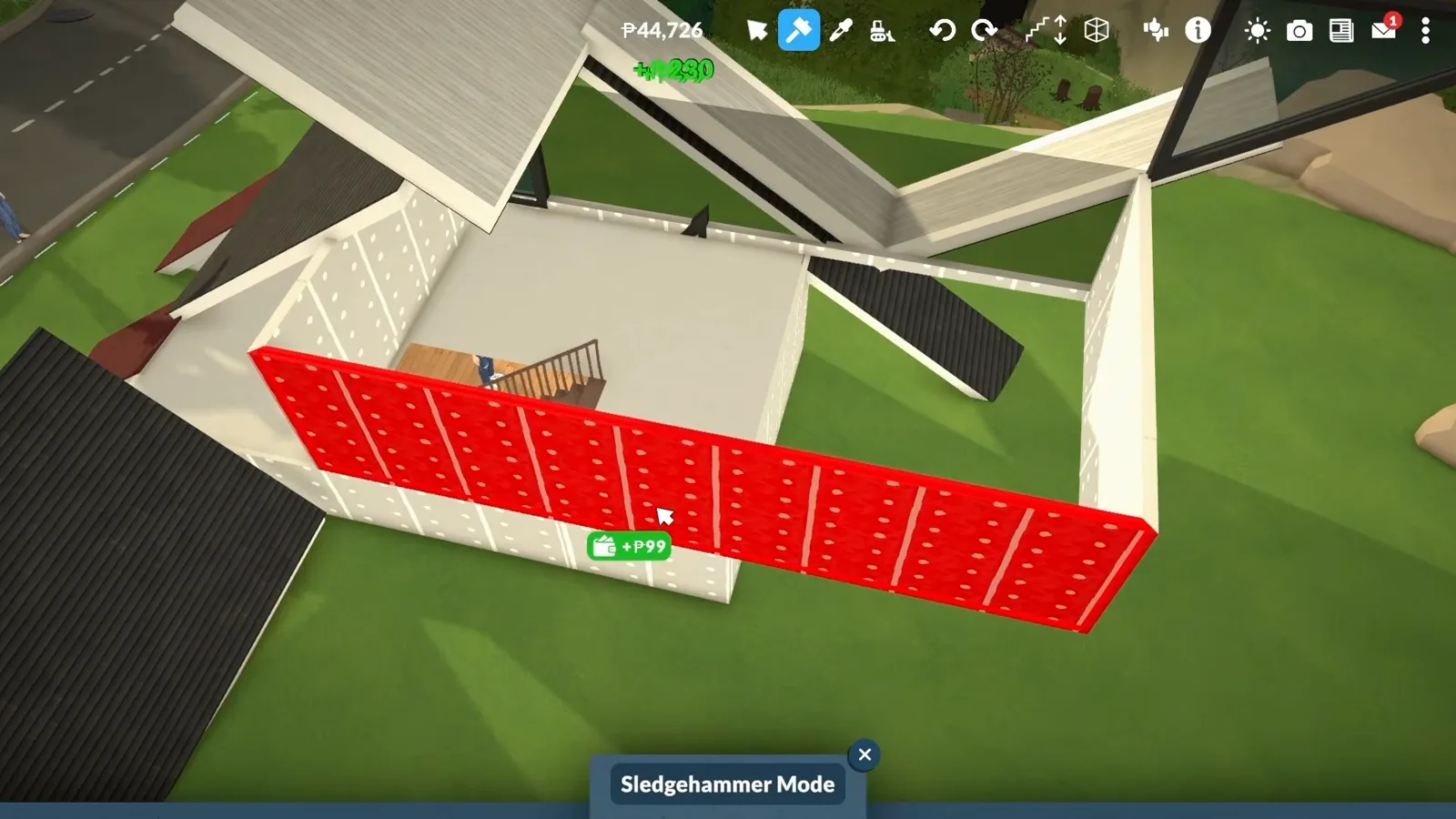 A wall run highlighted red under the Sledgehammer Mode banner in Paralives, with a refund tag showing what deleting the wall takes with it. A wall run highlighted red under the Sledgehammer Mode banner in Paralives, with a refund tag showing what deleting the wall takes with it.