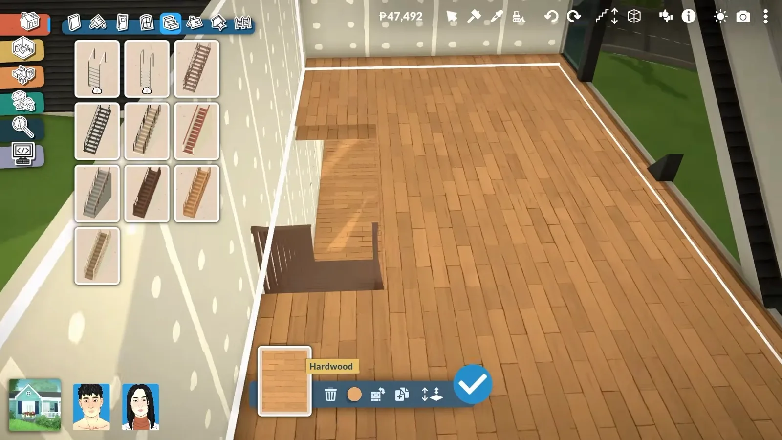 A wooden staircase climbing the inside of a white Paralives A-frame shell with the stairs catalogue open and the platform floor still bare. A wooden staircase climbing the inside of a white Paralives A-frame shell with the stairs catalogue open and the platform floor still bare.