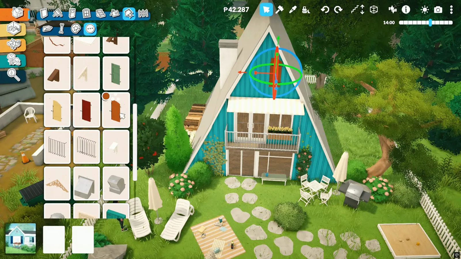 A finished teal A-frame house in Paralives with white trim, a red front door and window boxes, shown with the window catalogue open in build mode. A finished teal A-frame house in Paralives with white trim, a red front door and window boxes, shown with the window catalogue open in build mode.