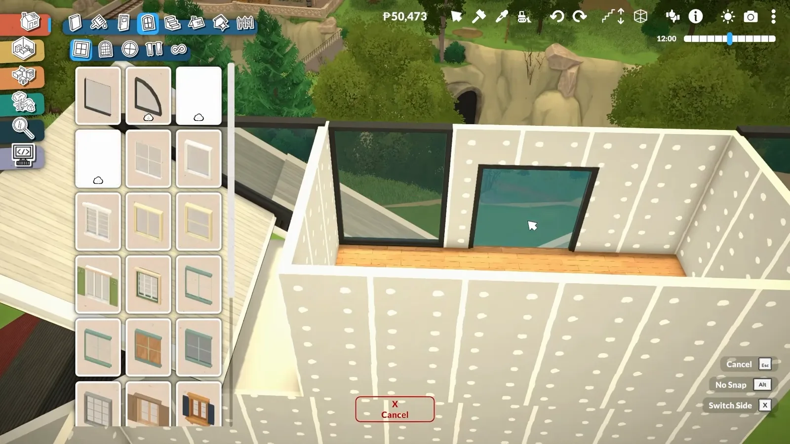 A dark triangular window scaled up inside the white gable of a Paralives A-frame while the window catalogue stays open in build mode. A dark triangular window scaled up inside the white gable of a Paralives A-frame while the window catalogue stays open in build mode.