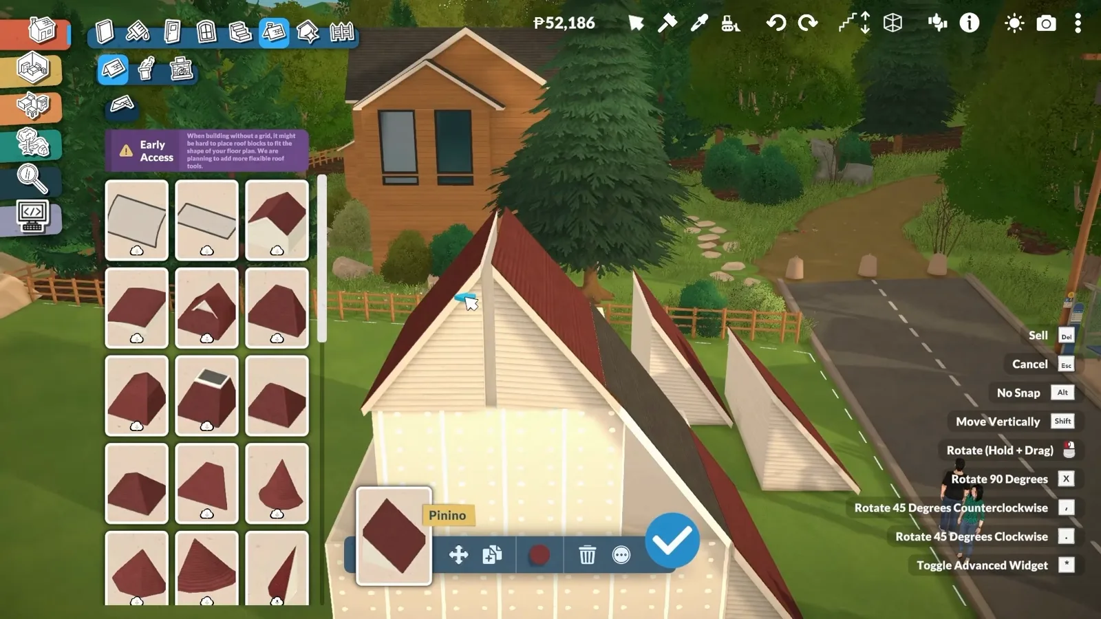 Paralives build mode with the roof catalogue open while two wallless gable roof pieces form an A shape and an upside-down V on a bare lot, with no walls drawn yet. Paralives build mode with the roof catalogue open while two wallless gable roof pieces form an A shape and an upside-down V on a bare lot, with no walls drawn yet.