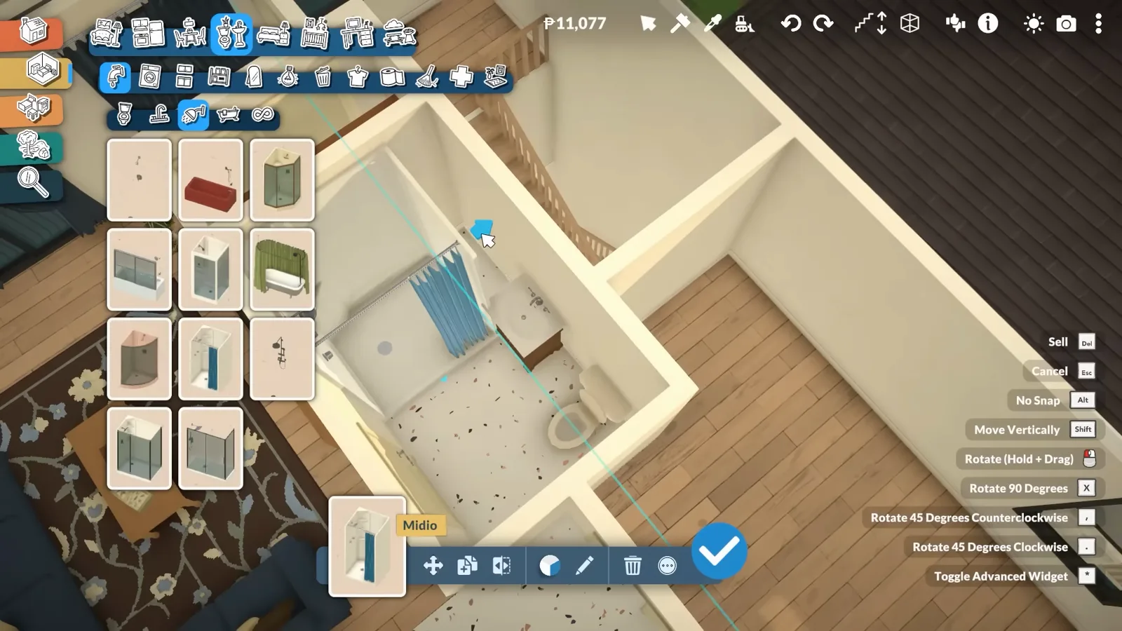 A compact Paralives bathroom with a standing shower in a navy curtain on the far wall, toilet and sink fitted around it