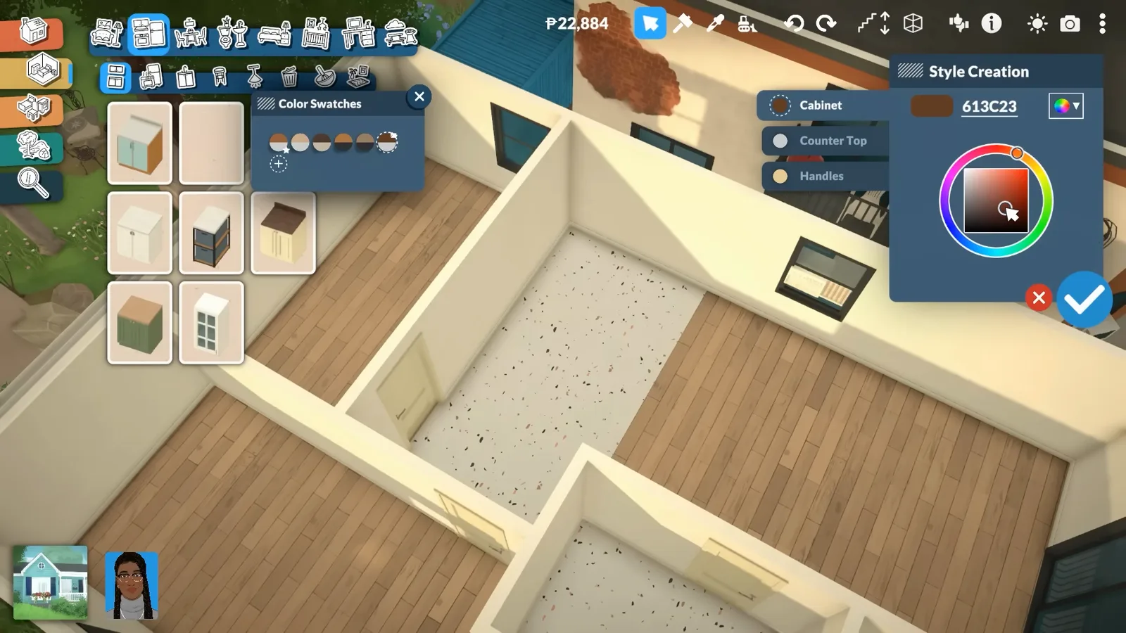 Top-down view of a stripped Paralives apartment with bare terrazzo and wood floors while the Style Creation panel recolors a kitchen cabinet brown
