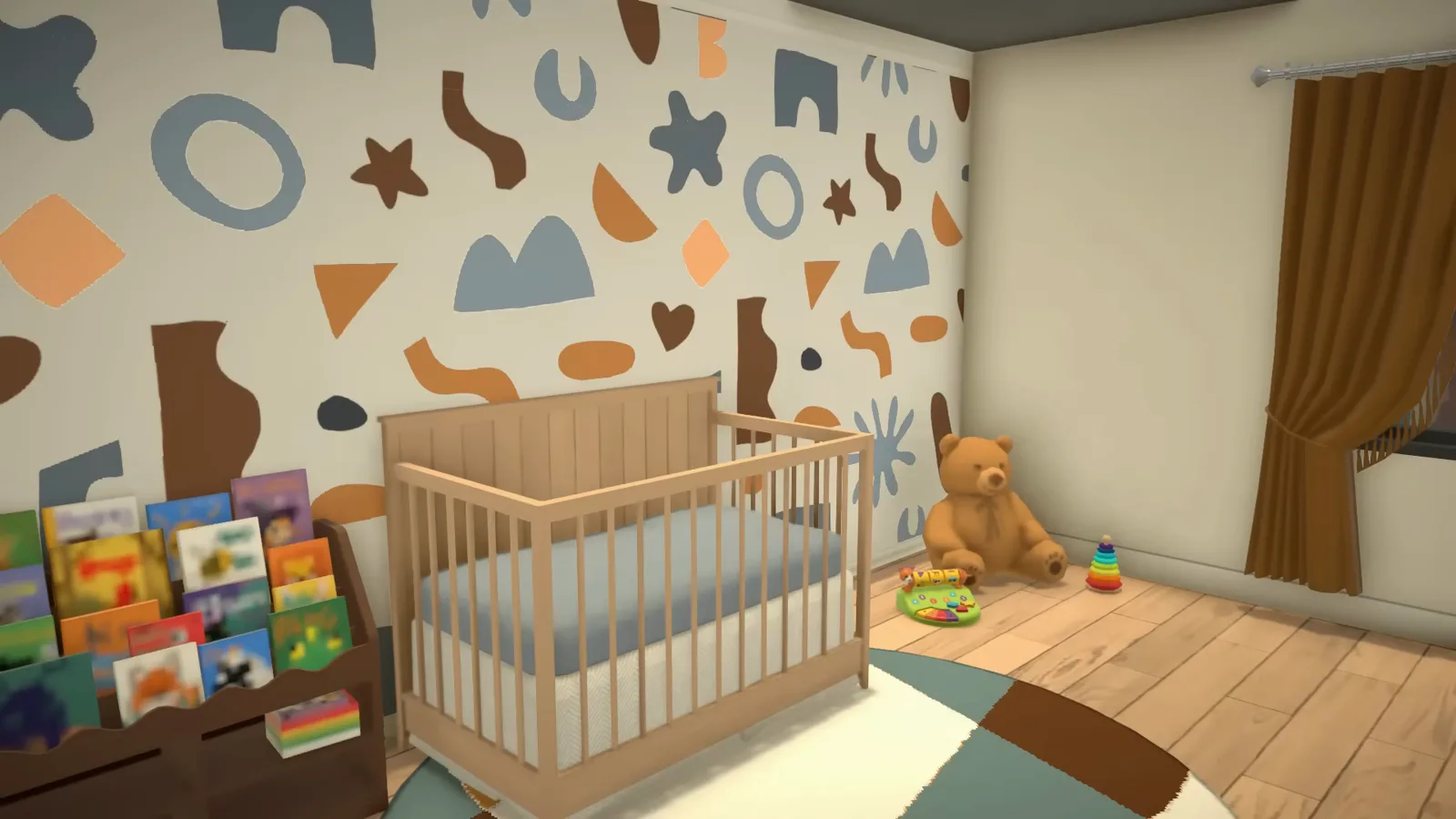 The finished Paralives nursery shown without any user interface, the crib, shapes mural wall, bookshelf and scattered toys all in frame