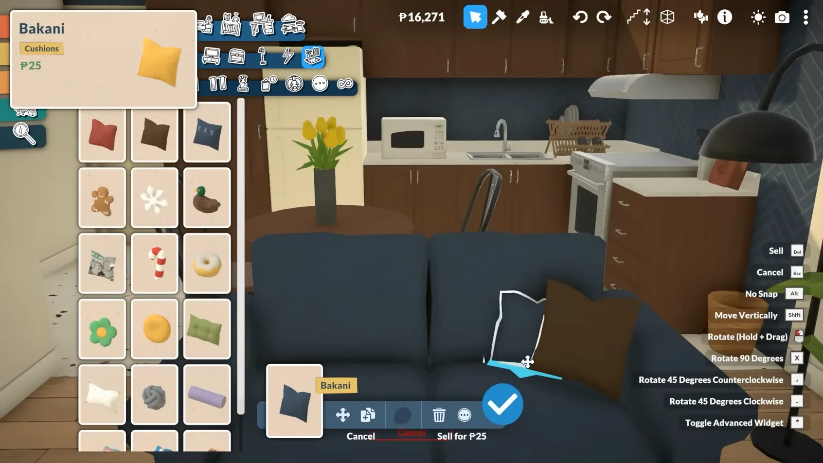 The Paralives cushion catalogue open beside a navy sofa where a brown cushion is mid-placement and the on-screen shortcut list shows Move Vertically on Shift