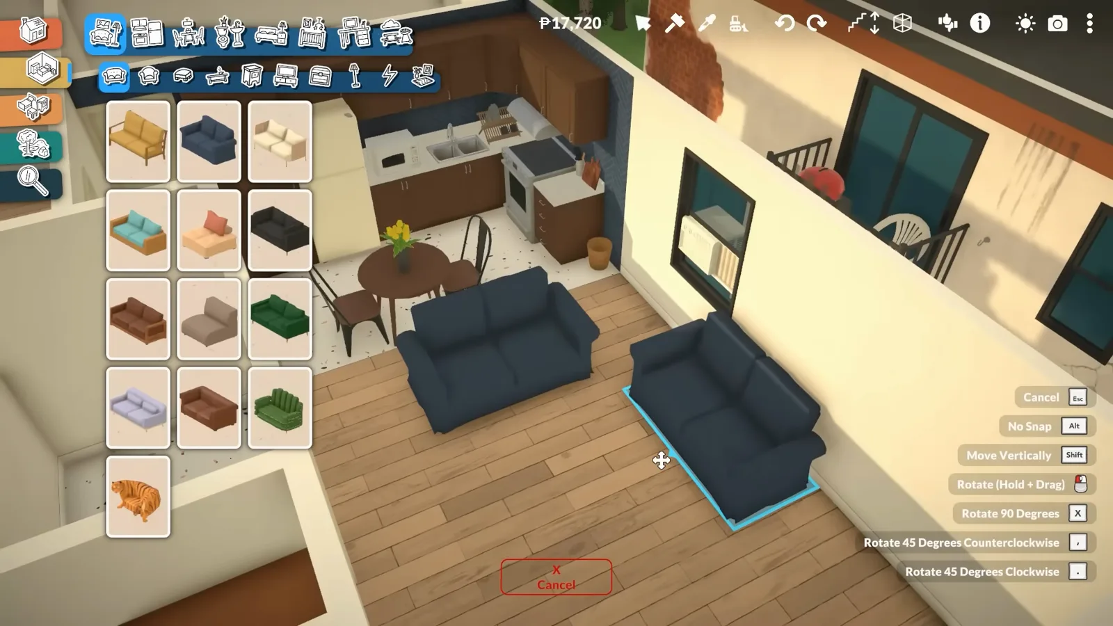 Two navy Paralives sofas placed in an open living zone beside the dining table, one resized into a three-seater