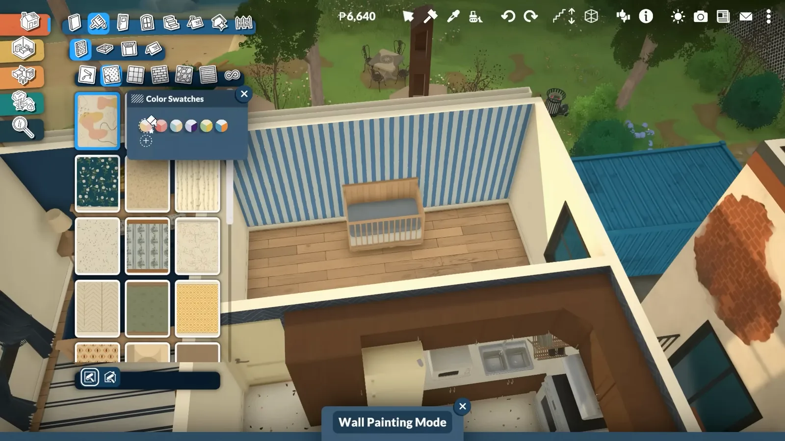Wall Painting Mode open on a Paralives nursery with blue striped wallpaper auditioned behind a wooden crib and an abstract shapes swatch first in the catalogue