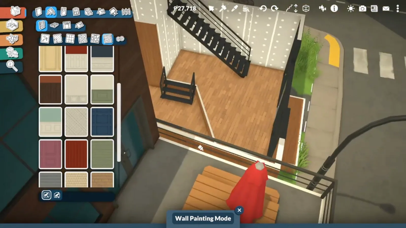 Two black steel staircases climbing the Paralives studio wall while the wall paint catalogue stays open beside them Two black steel staircases climbing the Paralives studio wall while the wall paint catalogue stays open beside them