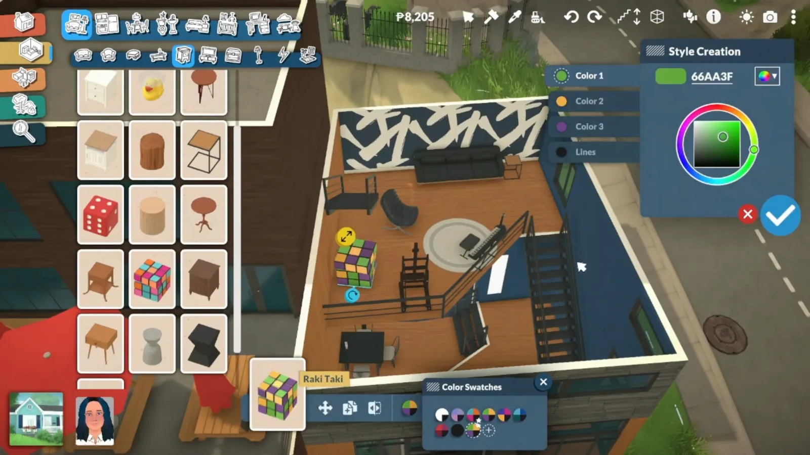 Paralives art studio seen from above: a black easel and a recoloured Rubik's cube table on the studio floor, a black couch against a navy brush-stroke wallpaper wall and a steel staircase at the side Paralives art studio seen from above: a black easel and a recoloured Rubik's cube table on the studio floor, a black couch against a navy brush-stroke wallpaper wall and a steel staircase at the side