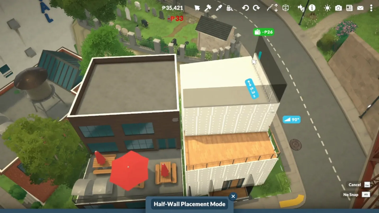 Paralives Half-Wall Placement Mode drawing a parapet around the flat studio roof to match a taller neighbour's roofline Paralives Half-Wall Placement Mode drawing a parapet around the flat studio roof to match a taller neighbour's roofline