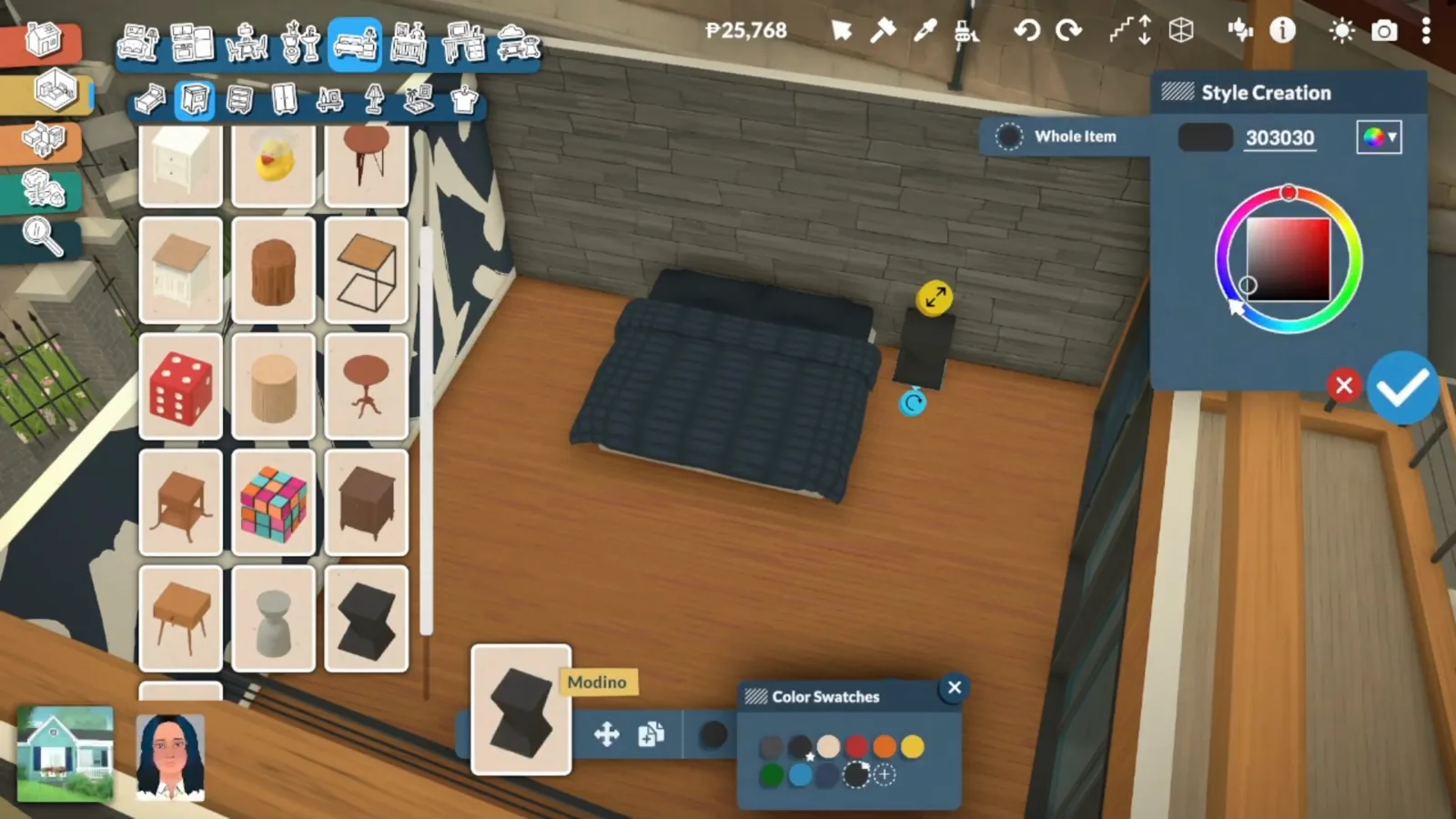 Paralives Style Creation panel darkening a Modino nightstand to hex 303030 beside a navy platform bed on wood flooring Paralives Style Creation panel darkening a Modino nightstand to hex 303030 beside a navy platform bed on wood flooring