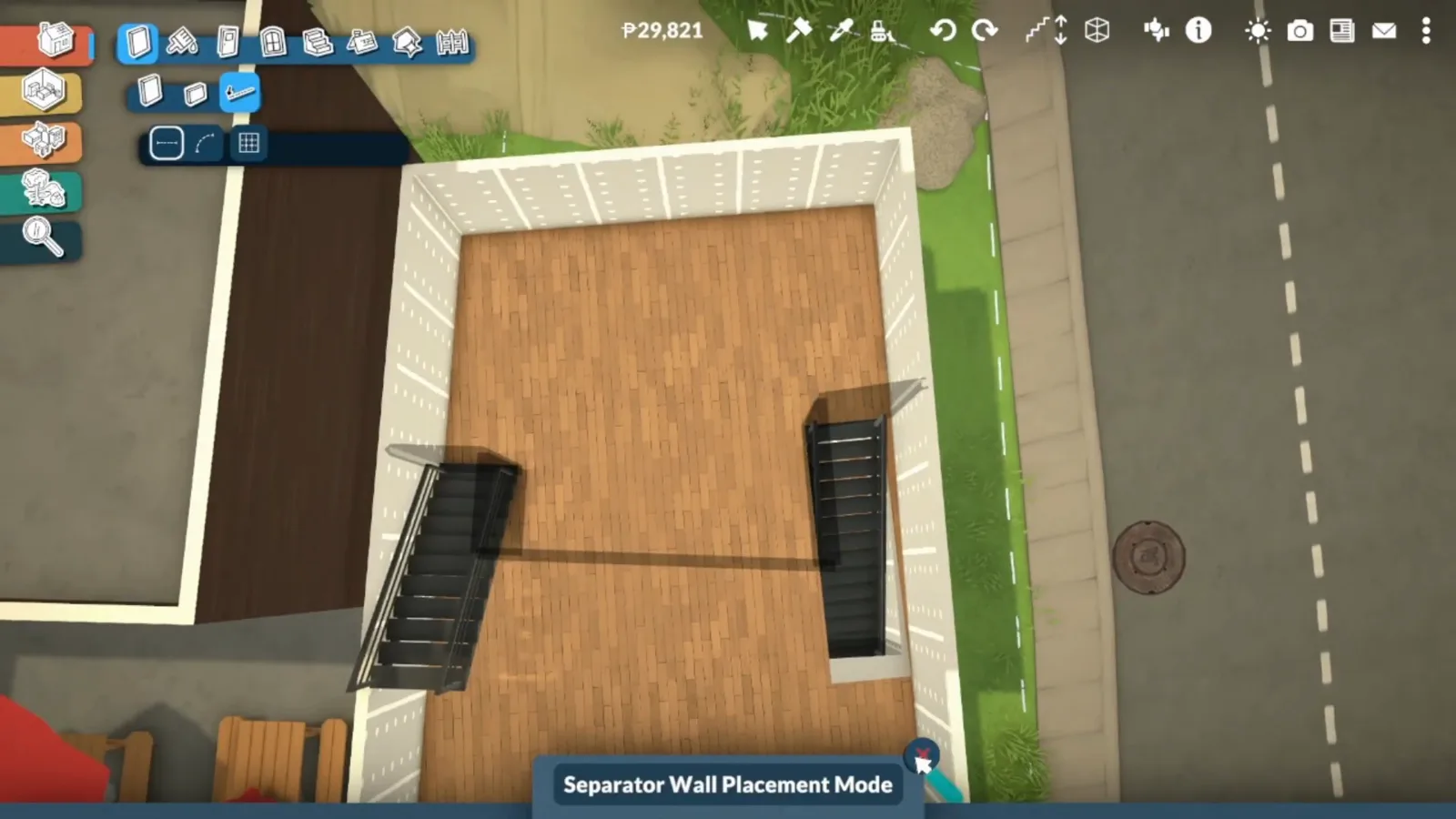 Paralives Separator Wall Placement Mode cutting a transparent divider across the open second-floor studio plate Paralives Separator Wall Placement Mode cutting a transparent divider across the open second-floor studio plate