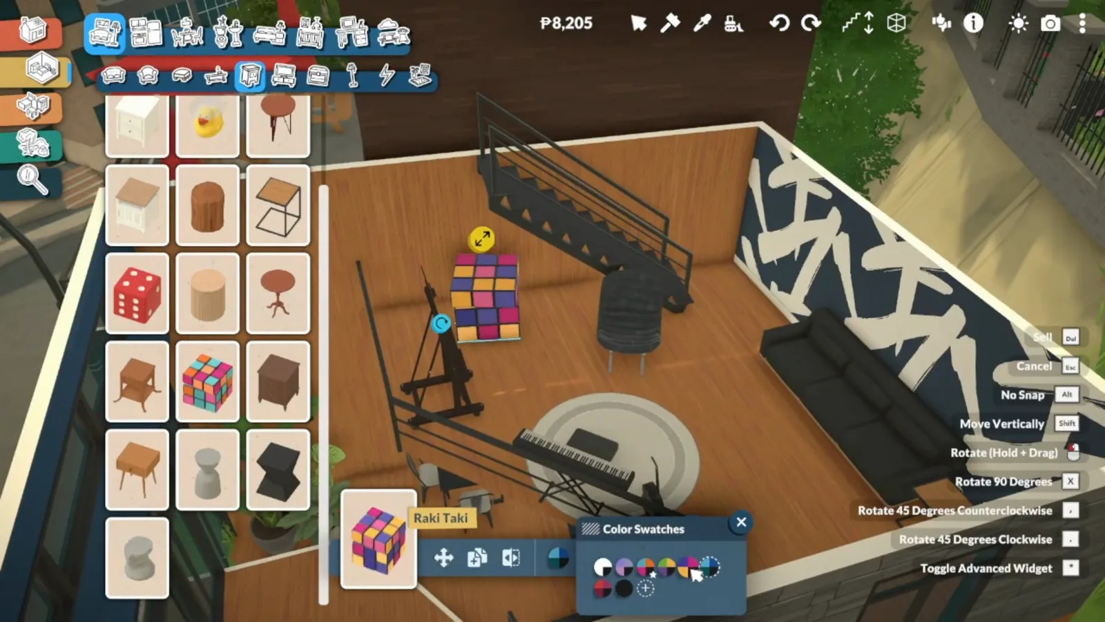 Paralives colour wheel recolouring a Raki Taki Rubik's cube side table while an easel stands ready on the studio floor Paralives colour wheel recolouring a Raki Taki Rubik's cube side table while an easel stands ready on the studio floor