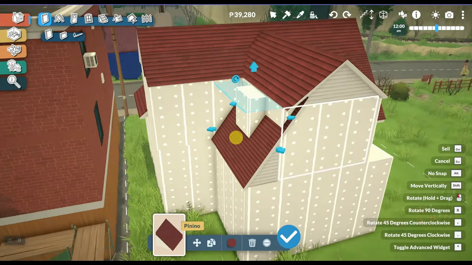 Blue advanced-widget handles dragging a red Paralives roof plane down toward the attic walls, with Move Vertically and Toggle Advanced Widget listed in the piece menu.