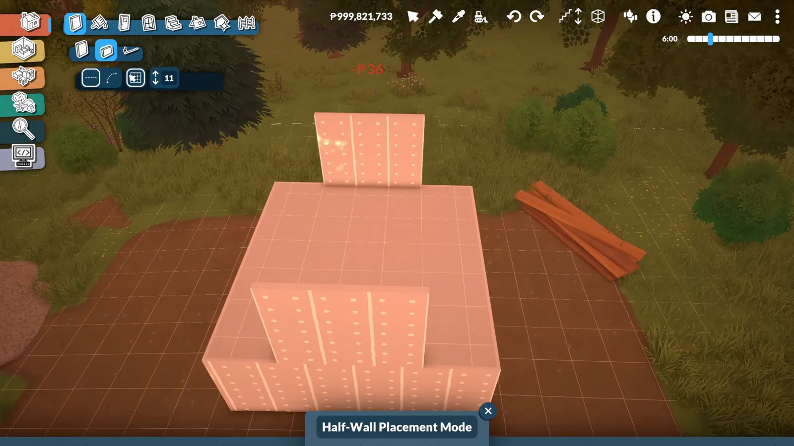 A small Paralives attic shell growing from plain walls and half walls in half-wall placement mode on a bare dirt lot, seen from above.