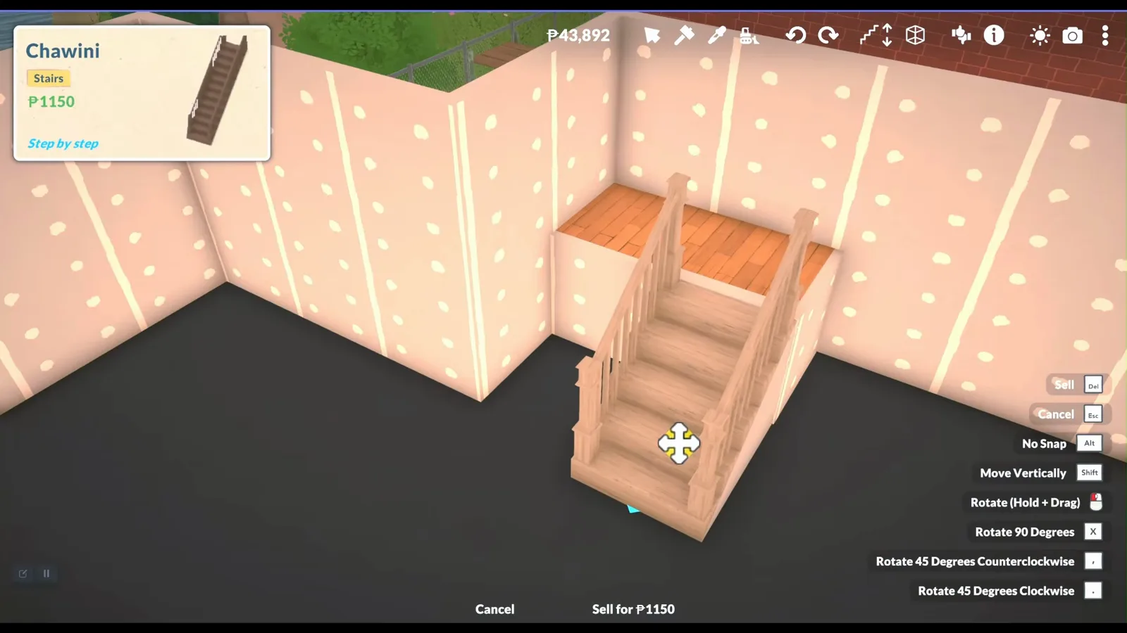 A Paralives staircase threading up through a cut opening in the attic floor slab, the stair piece card and its price visible beside the placement menu.