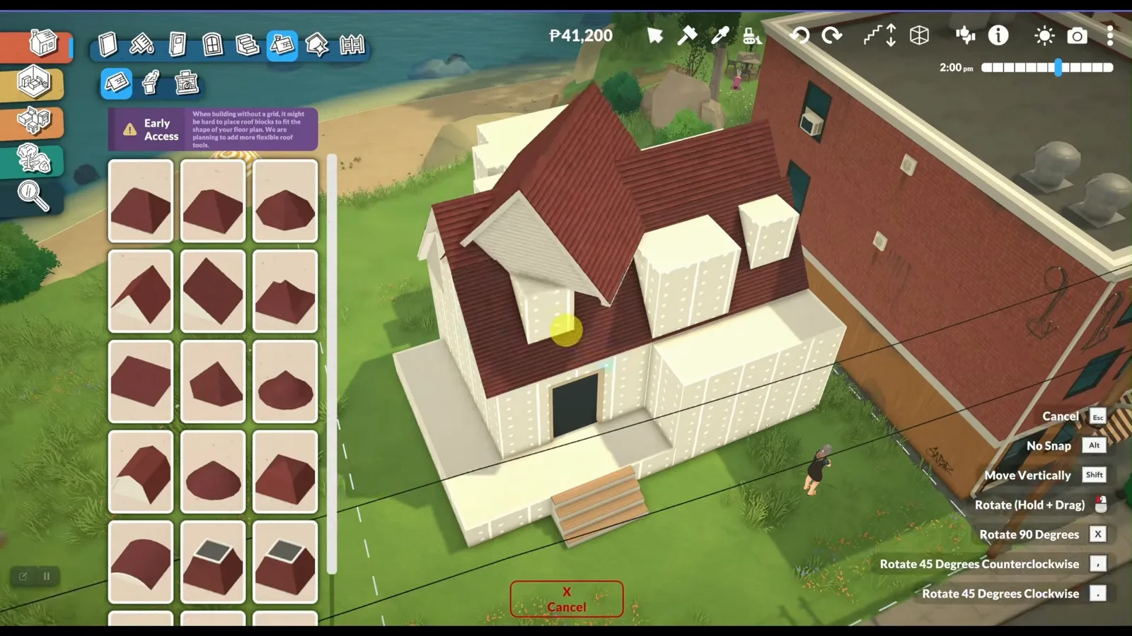 A red Paralives roof hovering a full storey above the finished attic walls with the piece menu open, parked on the top floor before it is lowered into place.
