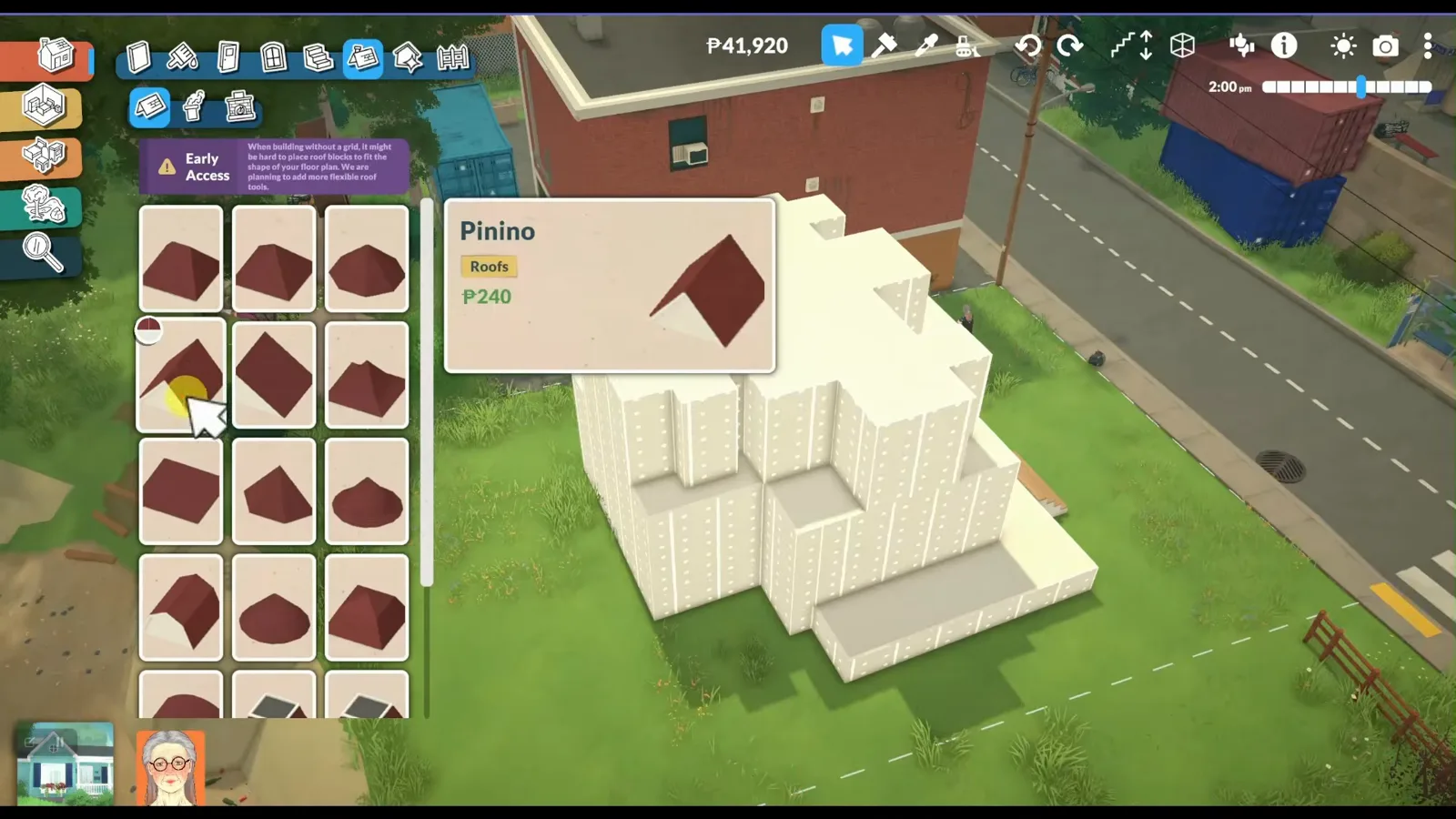 The Paralives roof catalogue picking a gable piece for the tall white shell, the roof about to be placed on the building's highest floor rather than the attic level.