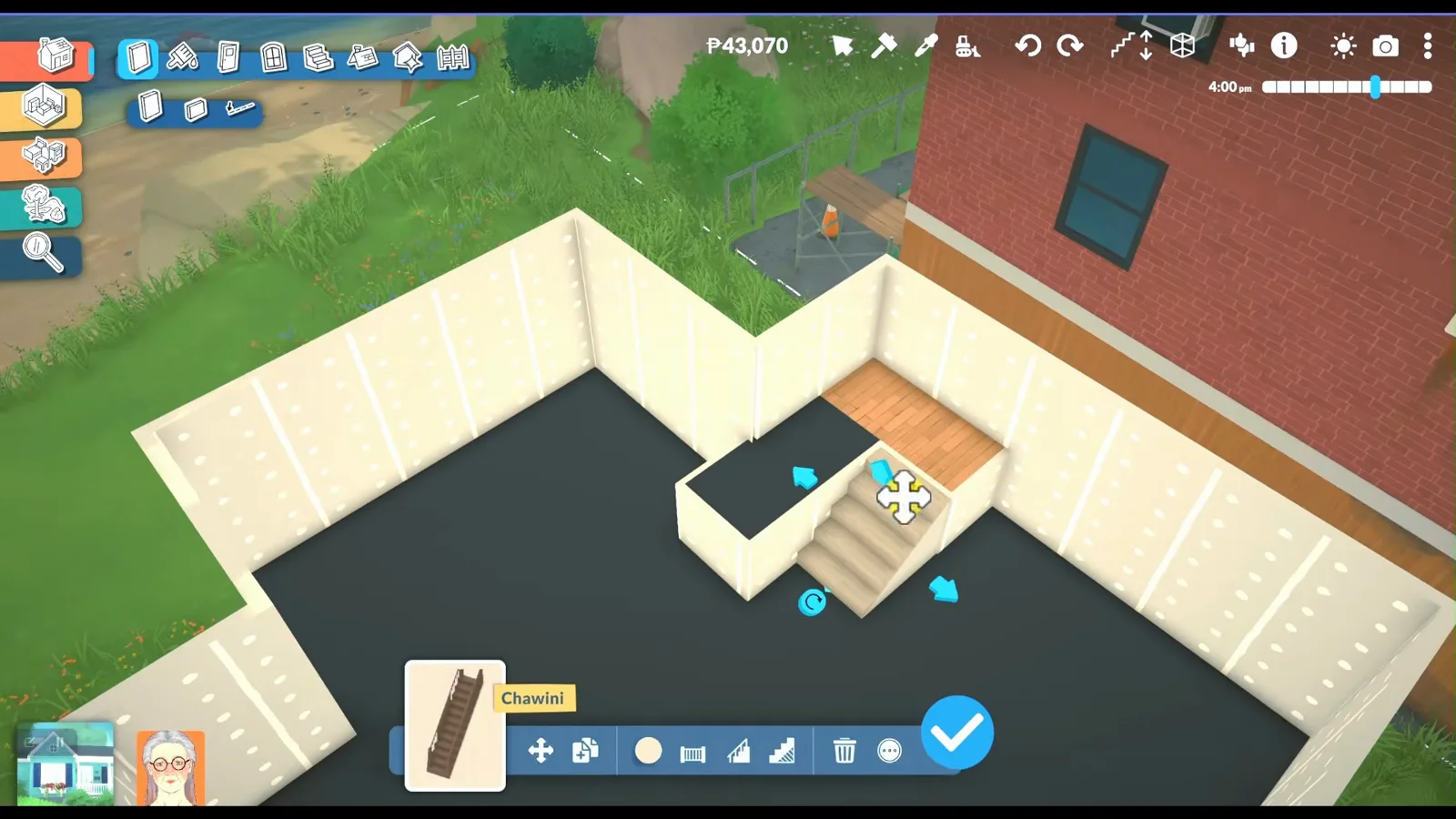 The second Paralives stair flight set on top of the landing platform extension, seen from above with placement handles on the dark attic floor plate.