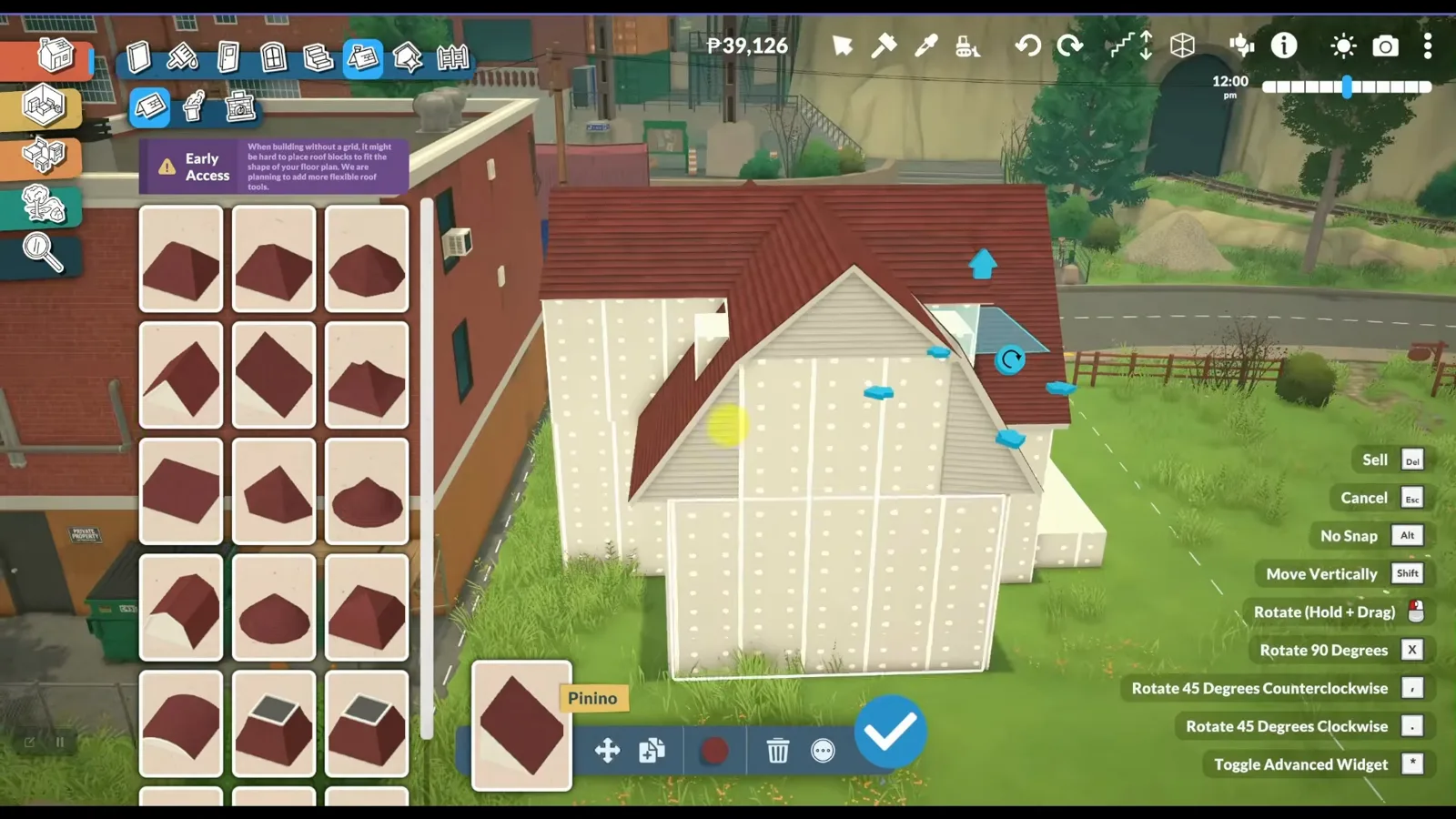 A blue move arrow lifting a Paralives roof plane above the attic walls, the habit that keeps roofs off the floors Paras actually walk on.
