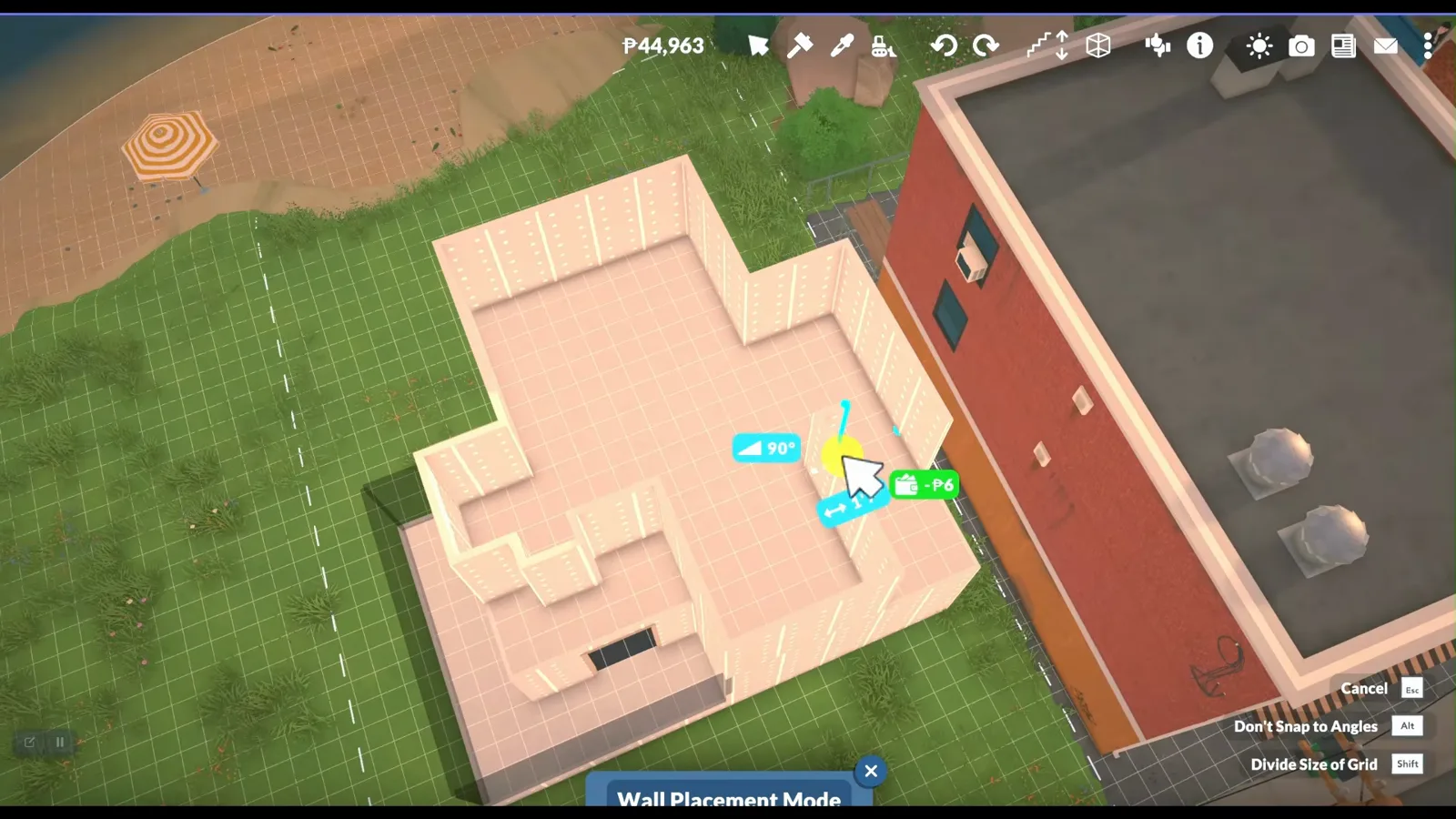 Paralives wall placement mode drawing the second-floor room layout seen from above, the footprint that later guides every roof piece over the future attic.