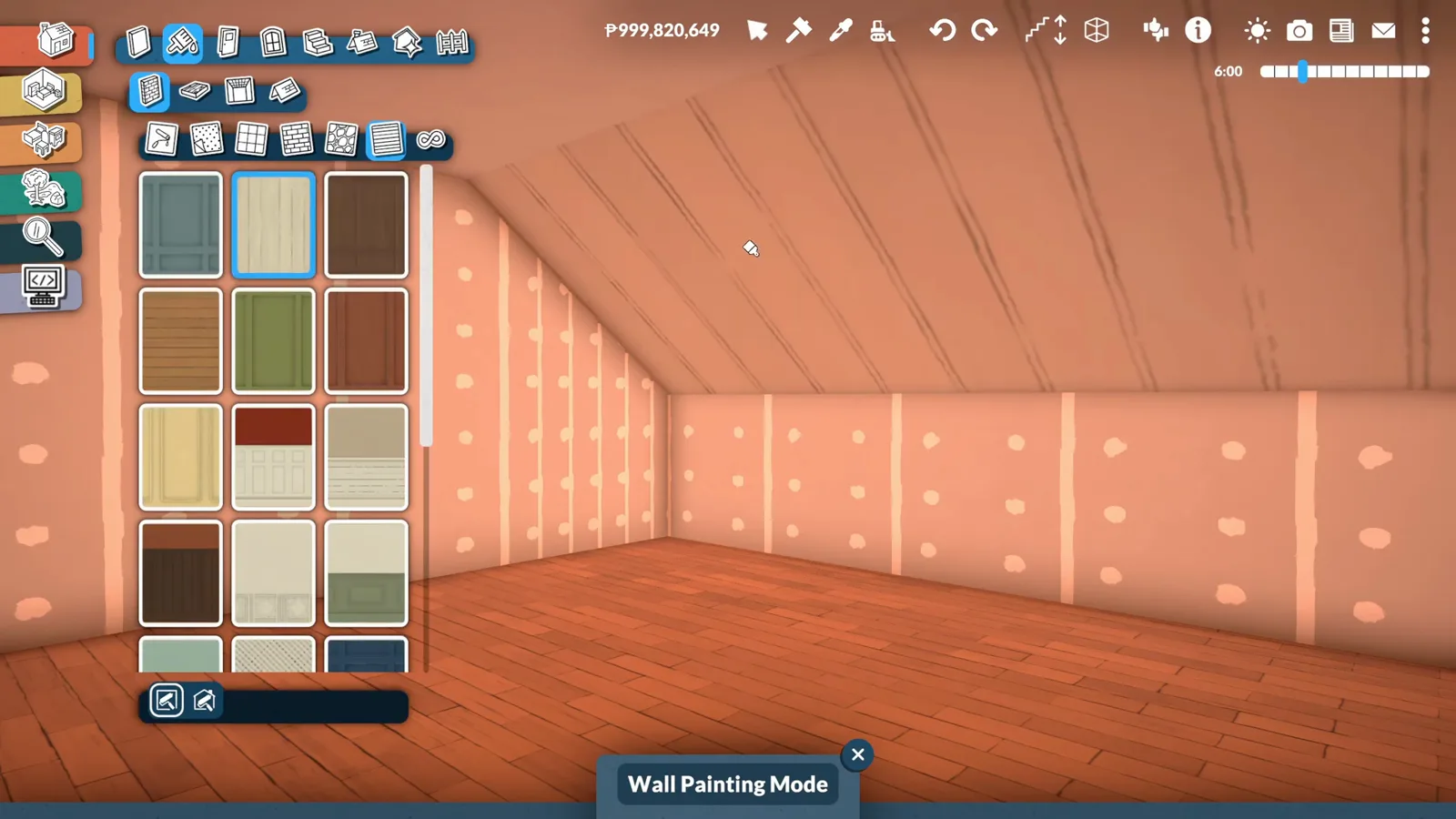 Wall painting mode recolouring the slanted wooden ceiling of a finished Paralives attic room, the usable interior the roof trick exists to protect.