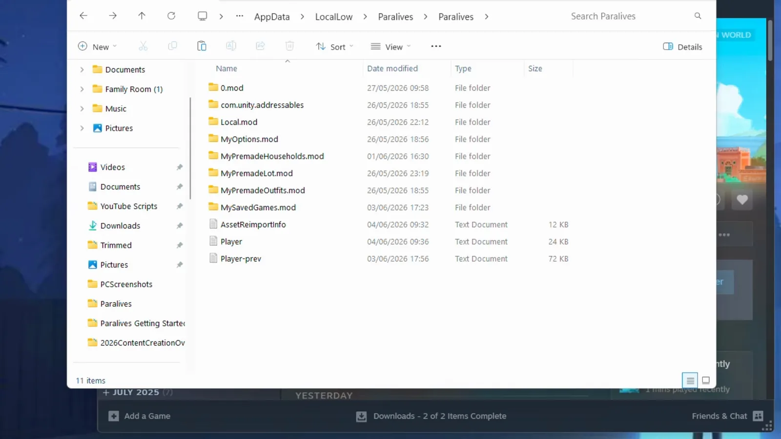 Explorer in AppData LocalLow mit hervorgehobenem Paralives-Ordner vor dem Kopieren.