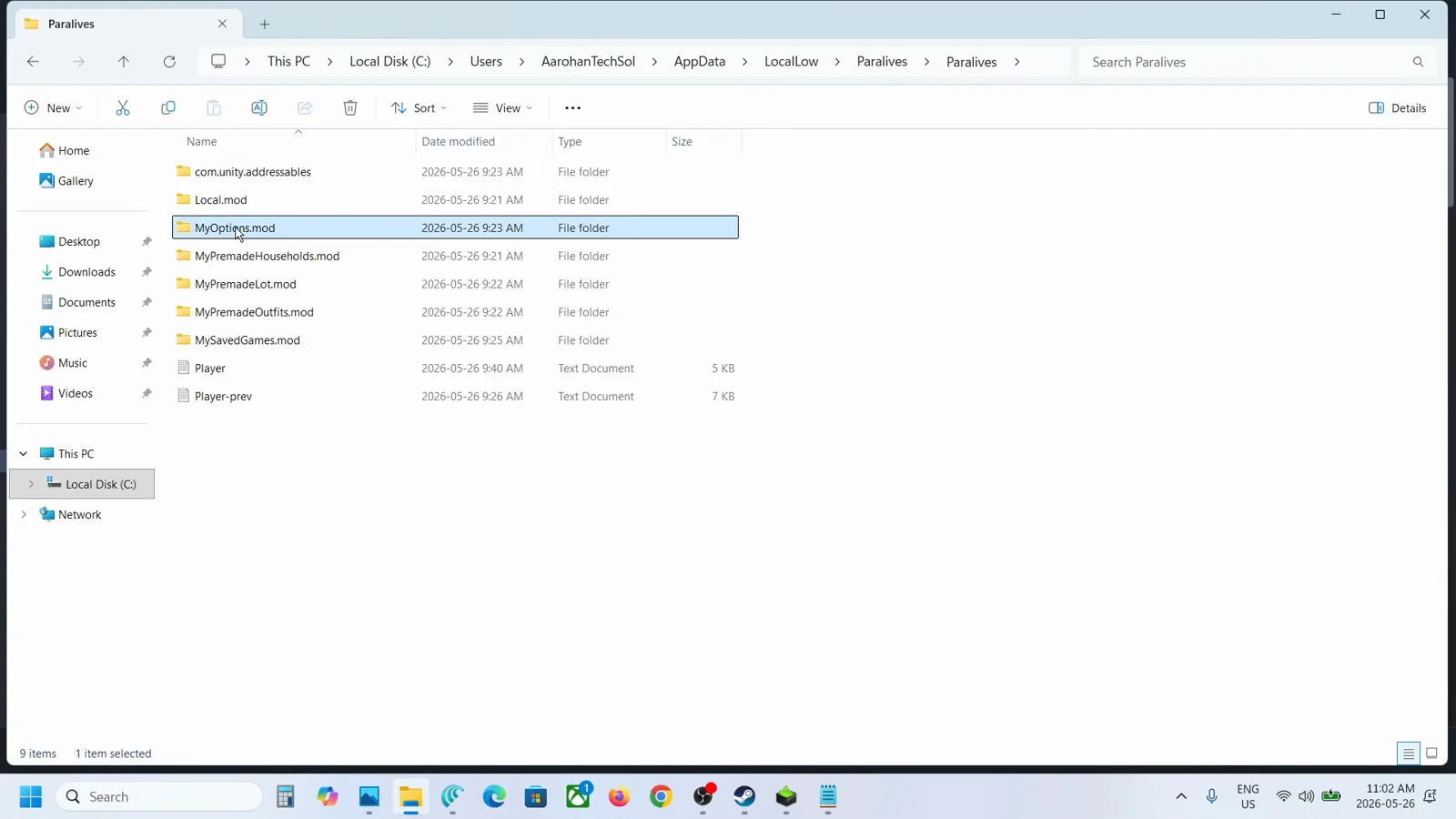 Windows-Notepad mit vollem Paralives-Speicherpfad unter AppData LocalLow vor dem Kopieren von SaveGames.