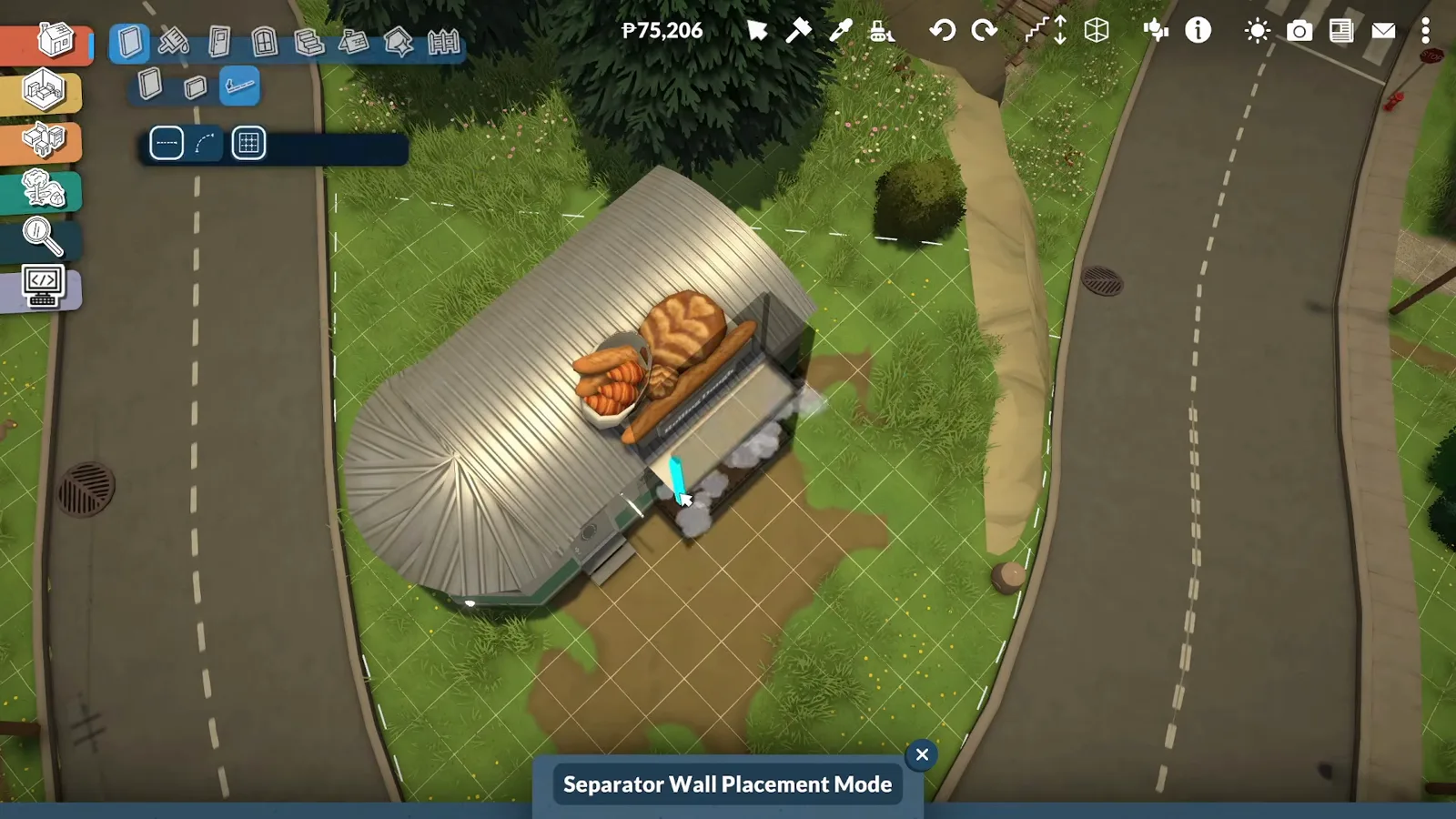 Aerial view of the Paralives trailer's curved corrugated roof on the triangular lot with the Separator Wall Placement Mode tooltip open Aerial view of the Paralives trailer's curved corrugated roof on the triangular lot with the Separator Wall Placement Mode tooltip open