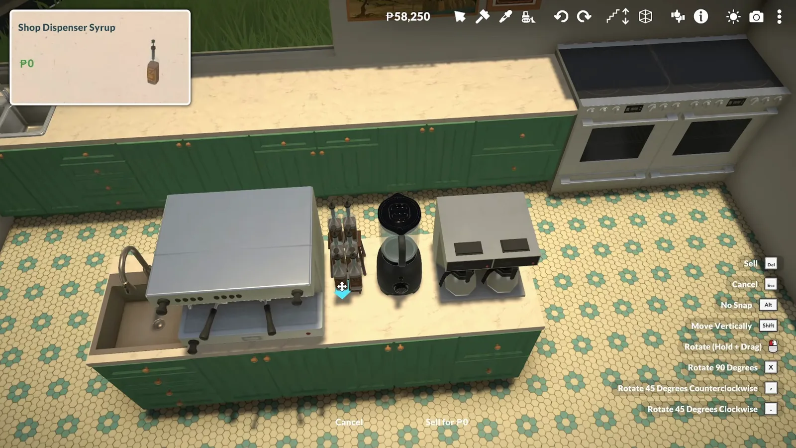 Paralives Shop Dispenser Syrup tooltip open as a syrup rack joins the espresso machine, bean-to-cup brewer and twin grinders on the green coffee-bar island Paralives Shop Dispenser Syrup tooltip open as a syrup rack joins the espresso machine, bean-to-cup brewer and twin grinders on the green coffee-bar island