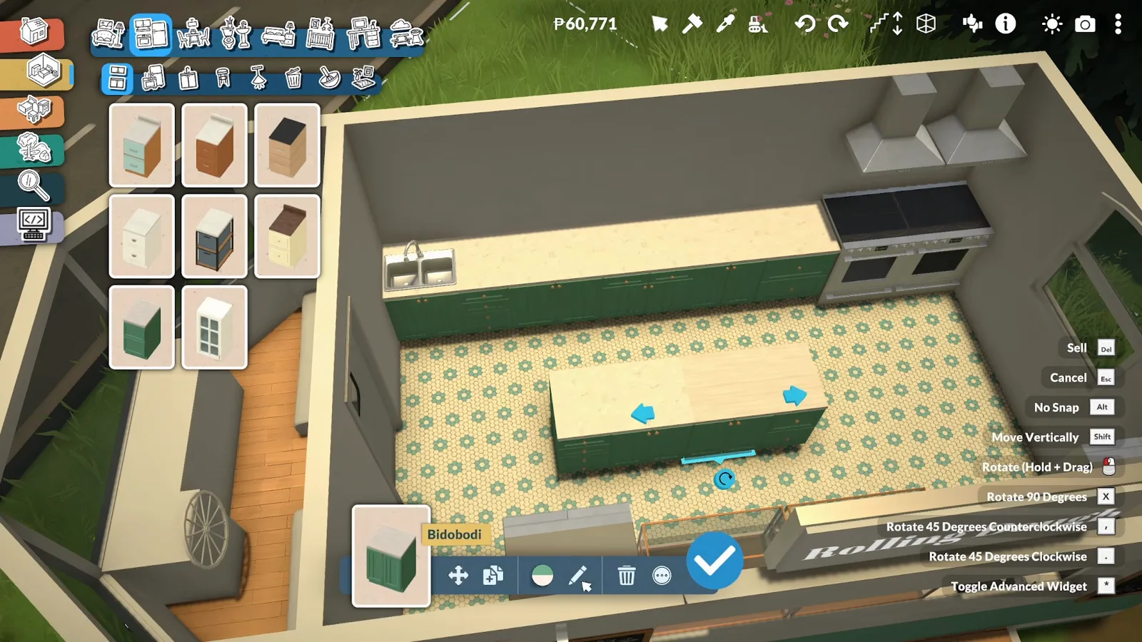 Paralives kitchen with a double sink and a black range under twin extractor hoods on the back wall while the green centre island is rotated into place Paralives kitchen with a double sink and a black range under twin extractor hoods on the back wall while the green centre island is rotated into place