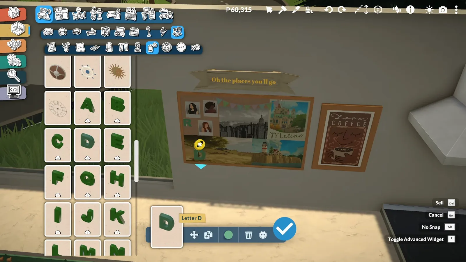 Paralives decor catalogue showing green Letter cards from A to N with Letter D selected beside the photo-covered corkboard and an "Oh the places you'll go" banner Paralives decor catalogue showing green Letter cards from A to N with Letter D selected beside the photo-covered corkboard and an "Oh the places you'll go" banner
