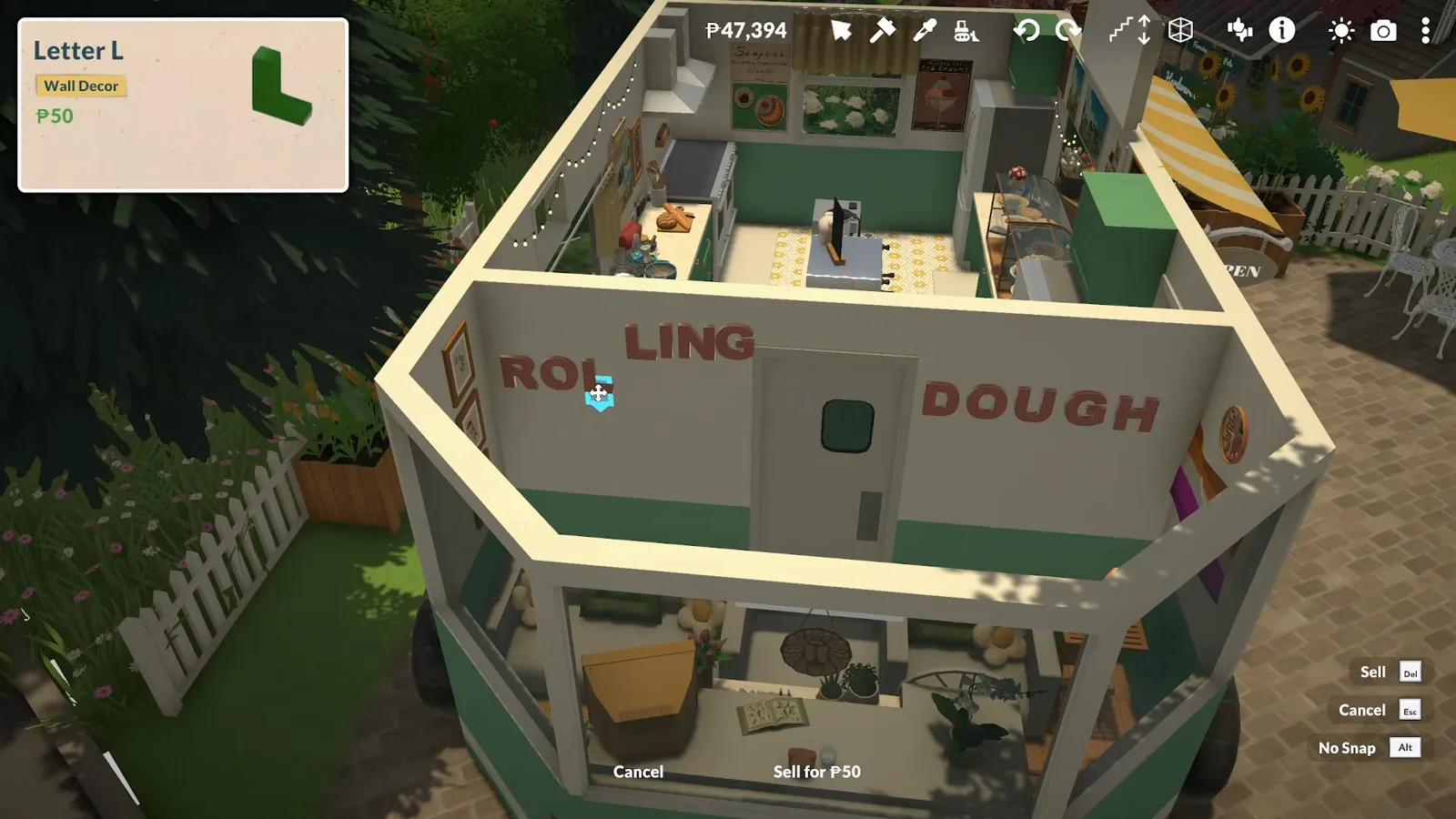 Overhead cutaway of the Paralives trailer as a Letter L wall decor card is selected and red letters spell ROLLING DOUGH above the door Overhead cutaway of the Paralives trailer as a Letter L wall decor card is selected and red letters spell ROLLING DOUGH above the door