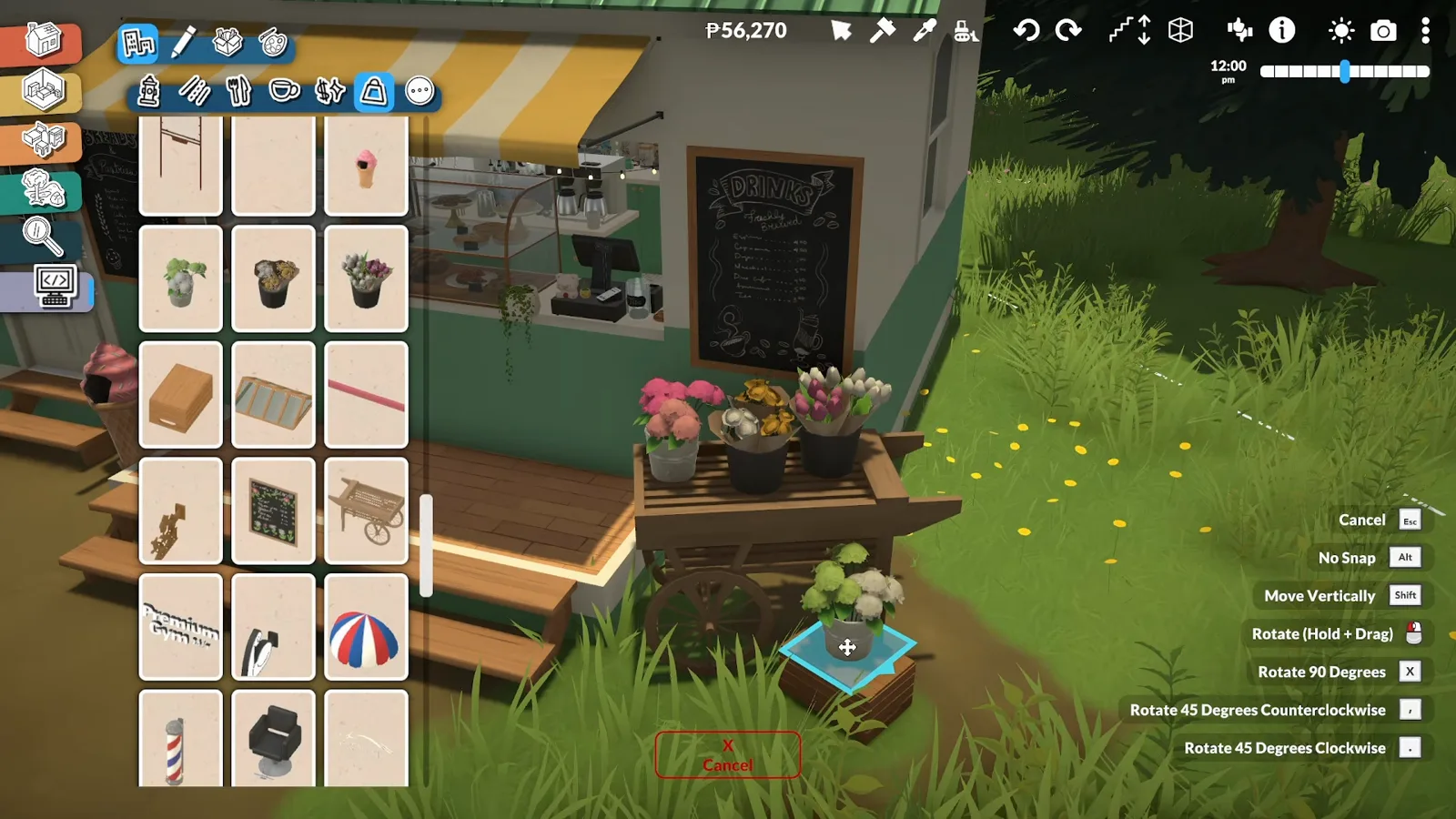 A tulip-filled flower cart stands beside the Paralives trailer's service window under the striped awning while a potted flower is placed on a crate A tulip-filled flower cart stands beside the Paralives trailer's service window under the striped awning while a potted flower is placed on a crate