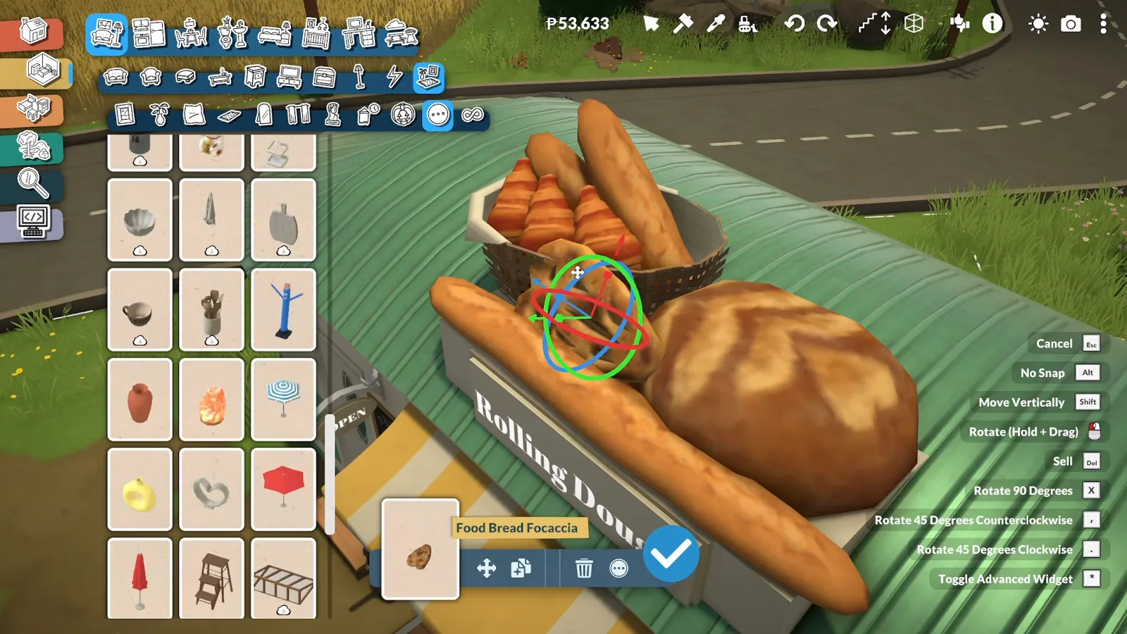 Paralives 3D rotation gizmo turning a focaccia loaf on the Rolling Dough roof sign beside a giant boule, a baguette and a croissant basket Paralives 3D rotation gizmo turning a focaccia loaf on the Rolling Dough roof sign beside a giant boule, a baguette and a croissant basket