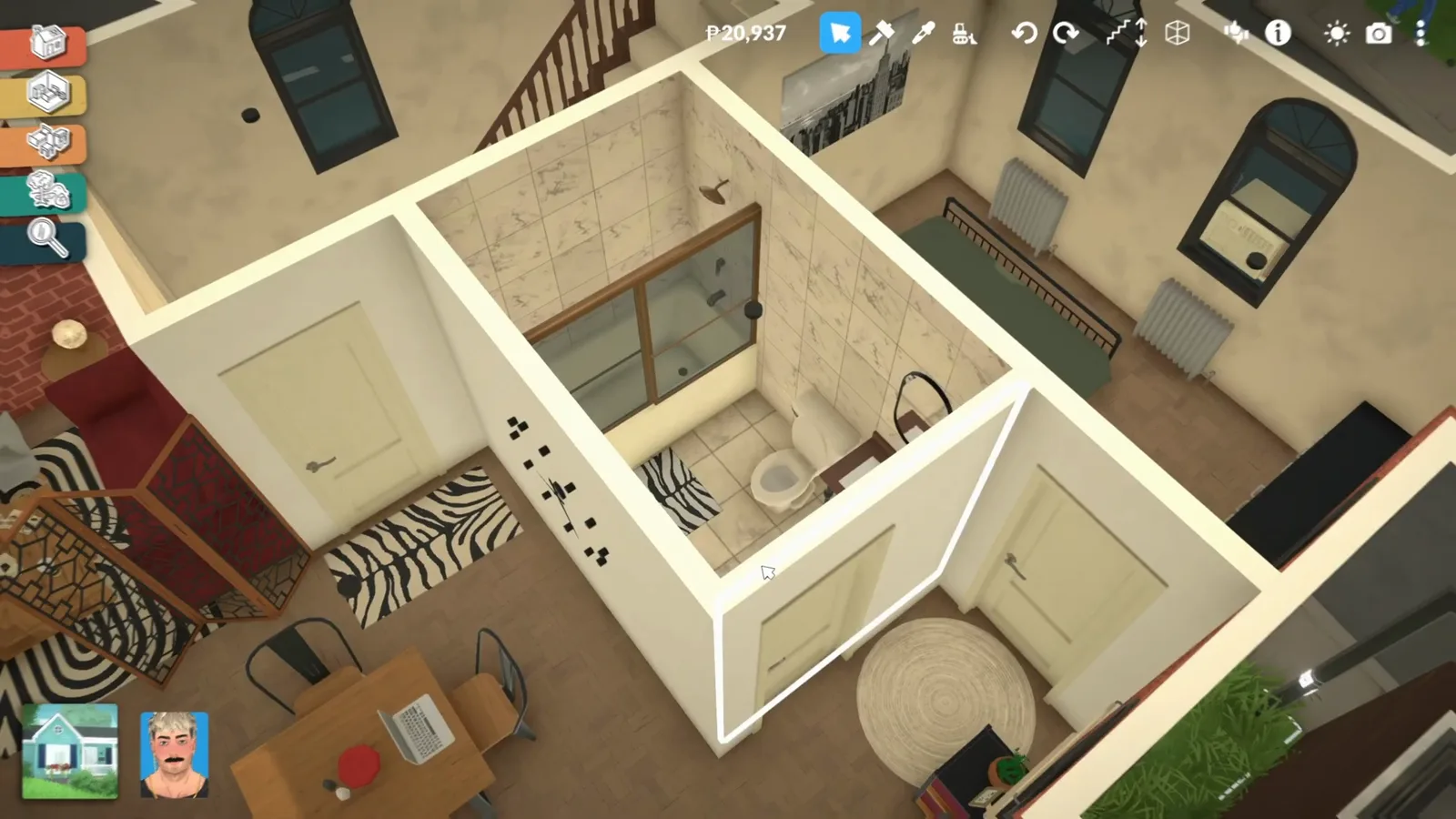 A Paralives apartment bathroom seen from above with a glass shower in the corner, toilet and sink counter along the tiled wall