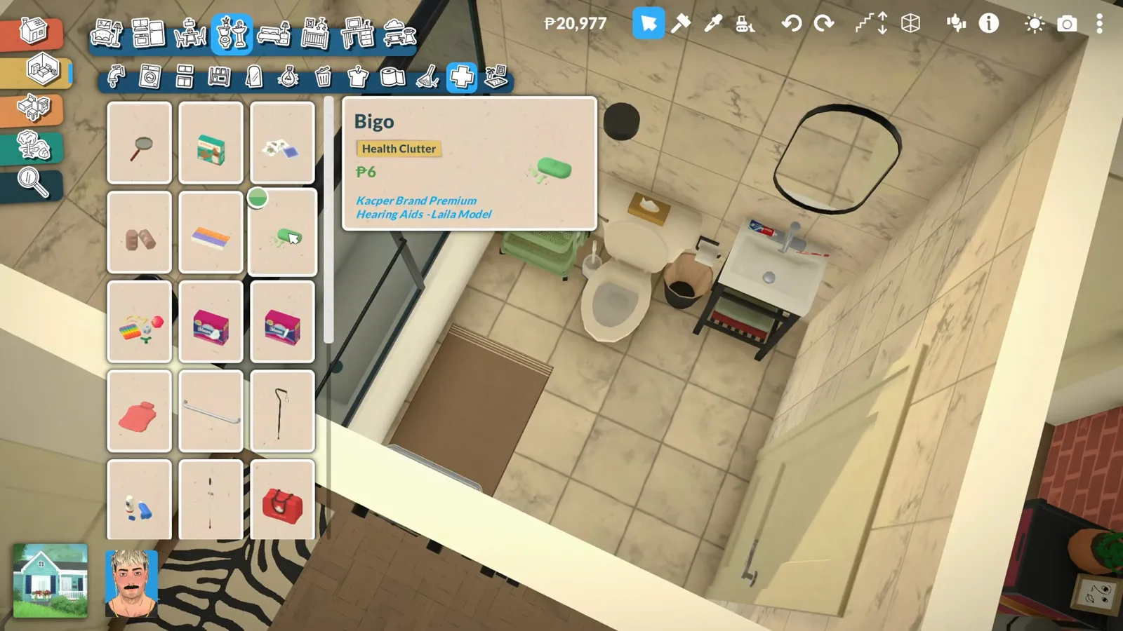 First-aid clutter including band-aids and a pill organizer placed on top of a storage cart in a Paralives bathroom