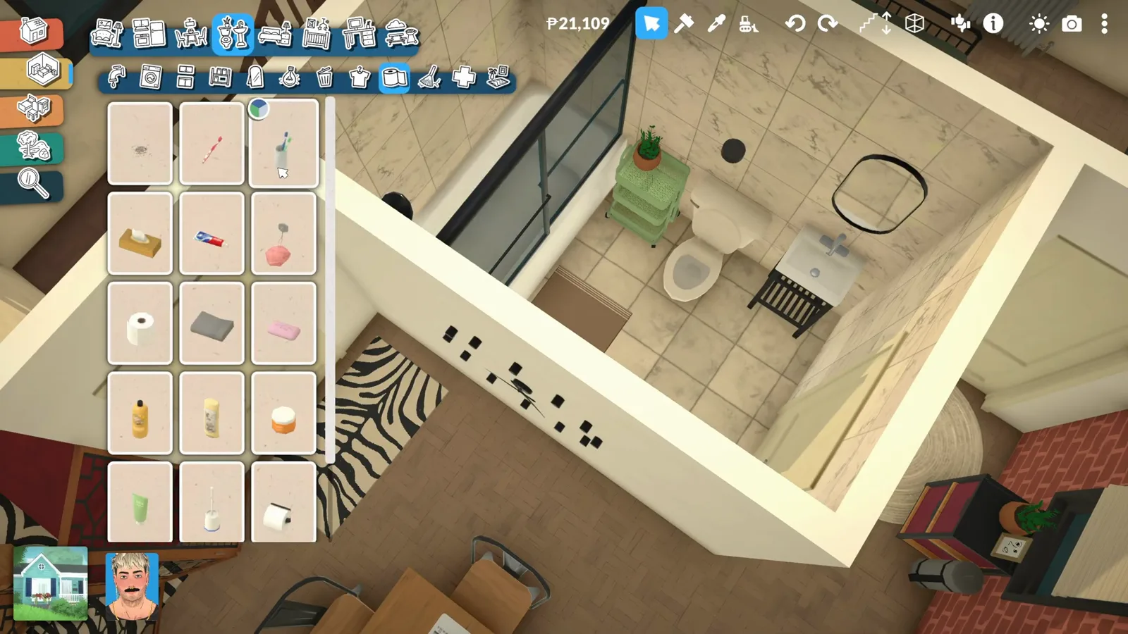 The Paralives Toiletries catalogue open showing soap bars, shampoo bottles and loofahs as placeable bathroom clutter