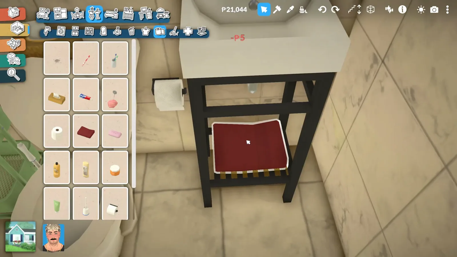 A stack of towels placed on top of a dark wooden cart in a Paralives bathroom without clipping