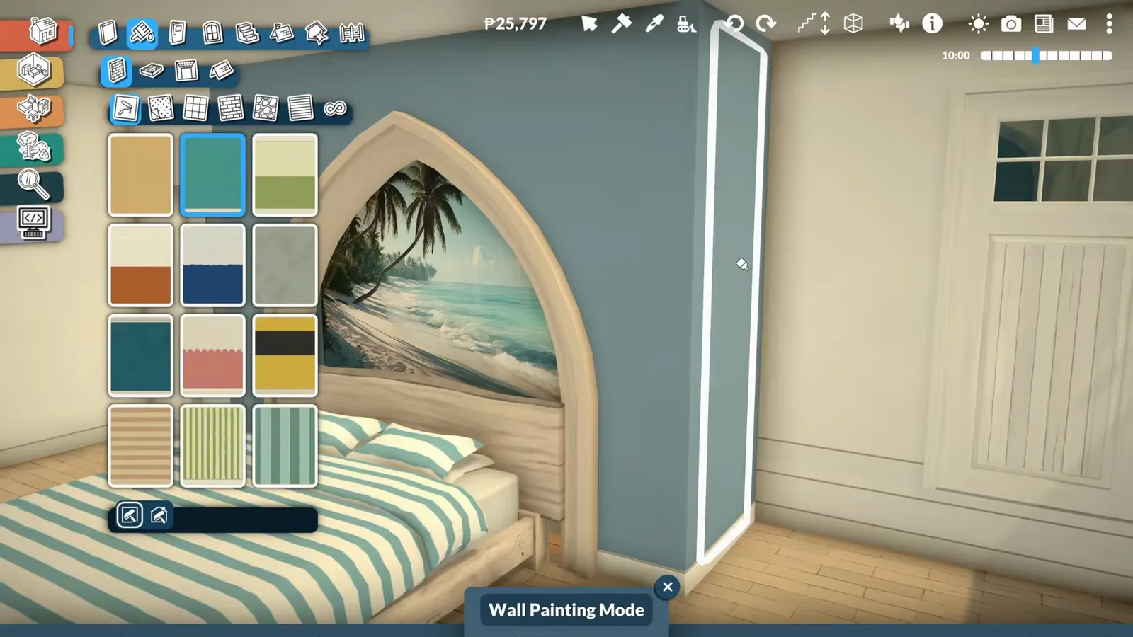 An arched headboard with a palm-beach print inside above a striped bed in a Paralives beach house bedroom An arched headboard with a palm-beach print inside above a striped bed in a Paralives beach house bedroom