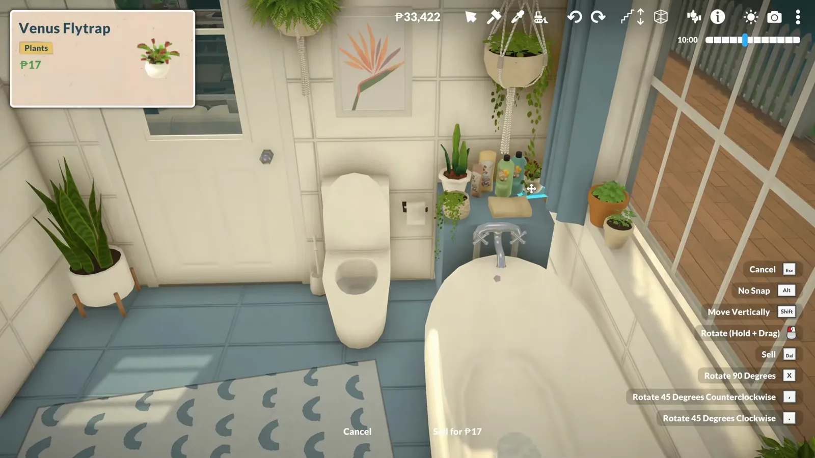 A white clawfoot bathtub positioned under the window of a Paralives beach house bathroom with blue tiled floors A white clawfoot bathtub positioned under the window of a Paralives beach house bathroom with blue tiled floors