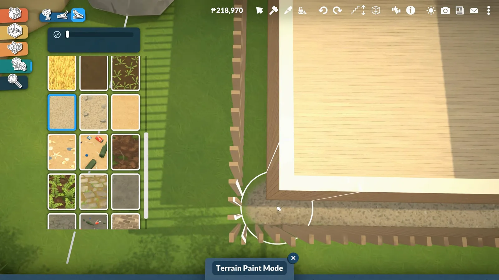 Paralives Terrain Paint Mode brushing a sand texture across the ground beside a modern beach house deck Paralives Terrain Paint Mode brushing a sand texture across the ground beside a modern beach house deck