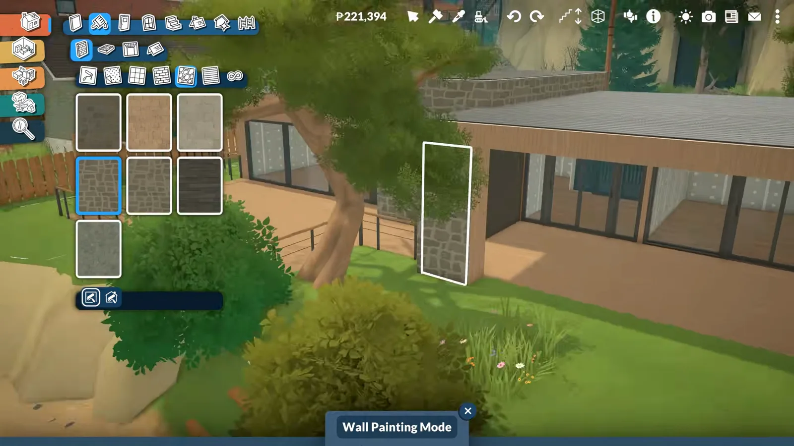 Wall Painting Mode brushing a stone texture onto the chimney module of a modern Paralives beach house facade Wall Painting Mode brushing a stone texture onto the chimney module of a modern Paralives beach house facade